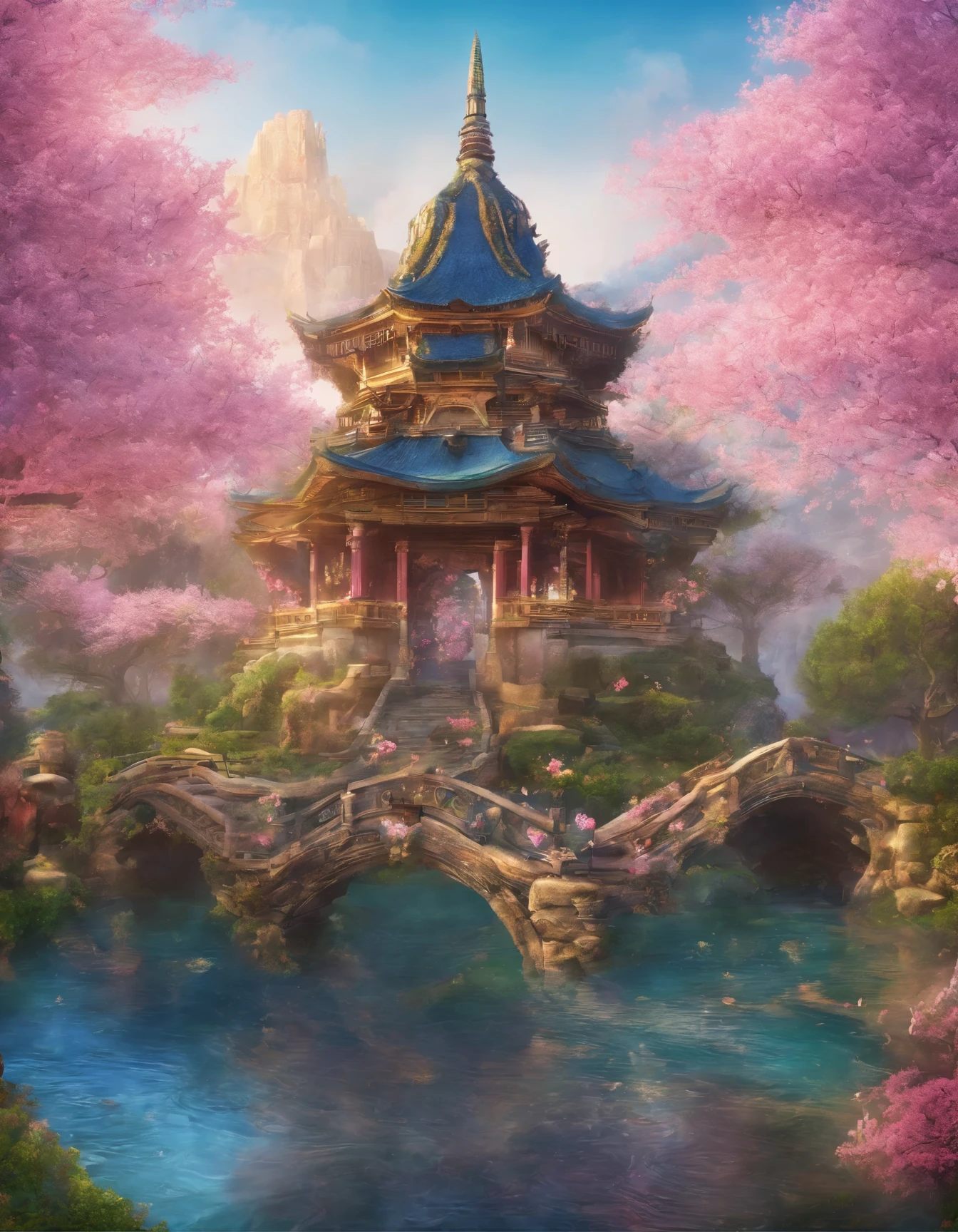 absurd, highres, ultra detailed, beautiful, masterpiece, best quality,Ancient temples, lush gardens, bright colors, quiet ponds, traditional architecture, cherry blossoms