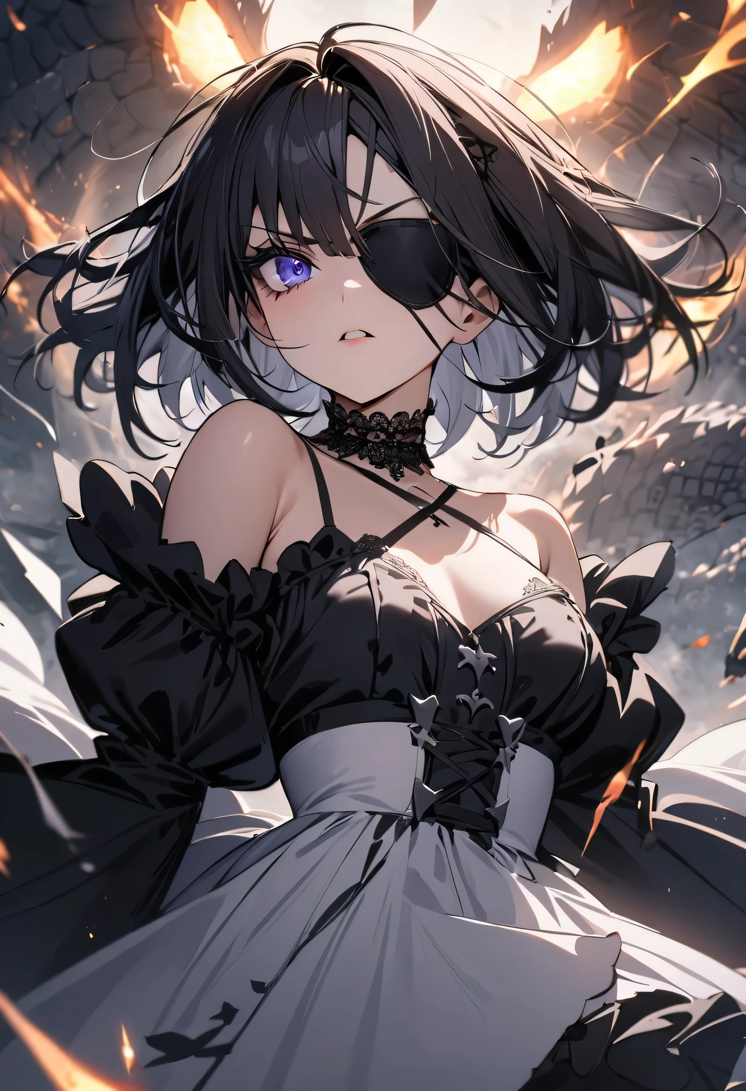 (masterpiece:1.2), (highest quality:1.2), Perfect Eyes, Perfect Face, Perfect lighting, One girl,bob, Complicated hairstyle, compensate, Thick eyelashes, Dressed as a goth girl, Black and white dress, Frills, ribbon, Puffy sleeves, Exposing shoulders, Lace choker,fighting,battle field,Chant,magic,,Eye patch,dragon,Magic team