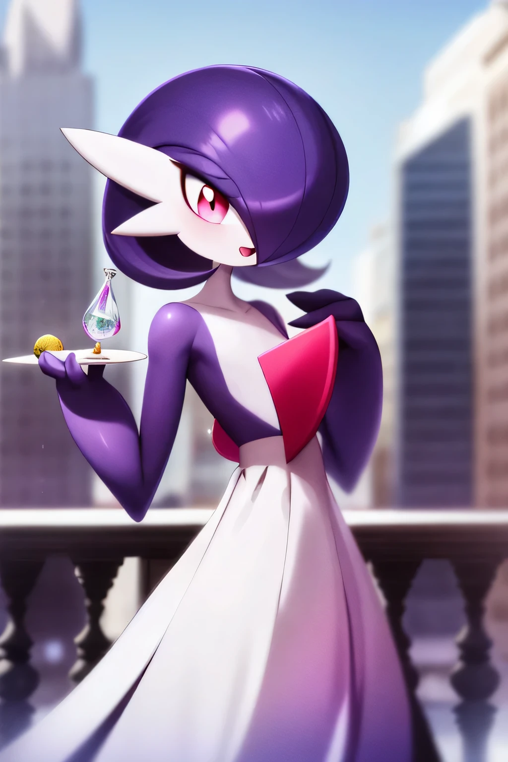 Masterpiece, best quality, 1 girl, solo, gardevoir, white dress, creatures \(company\), freak game, Nintendo, pokemon, pokemon \(game\), punches, colored skin, female focus, flat chest, Pokémon generation 3, dark purple hair, faded hair, dark purple skin, hair over one eye, multi-colored skin, pokemon \(creature\), red eyes, black pupil, short hair, two-tone skin, white skin, vial cone in head, city backgrounds, standing smile, open mouth, holding a cake in your hand