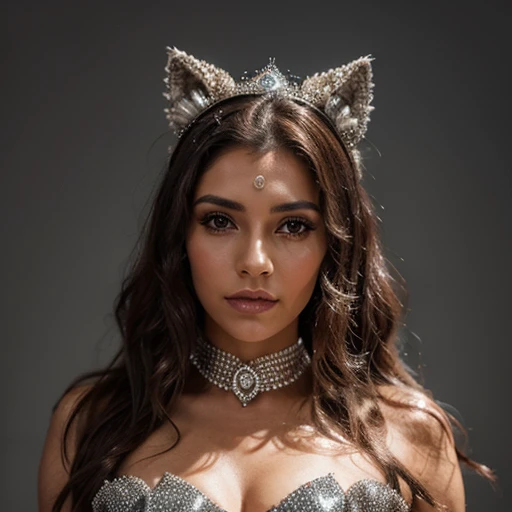 "Crear una imagen de una mujer con un traje de lobo completo adornado con diamantes y una capucha."