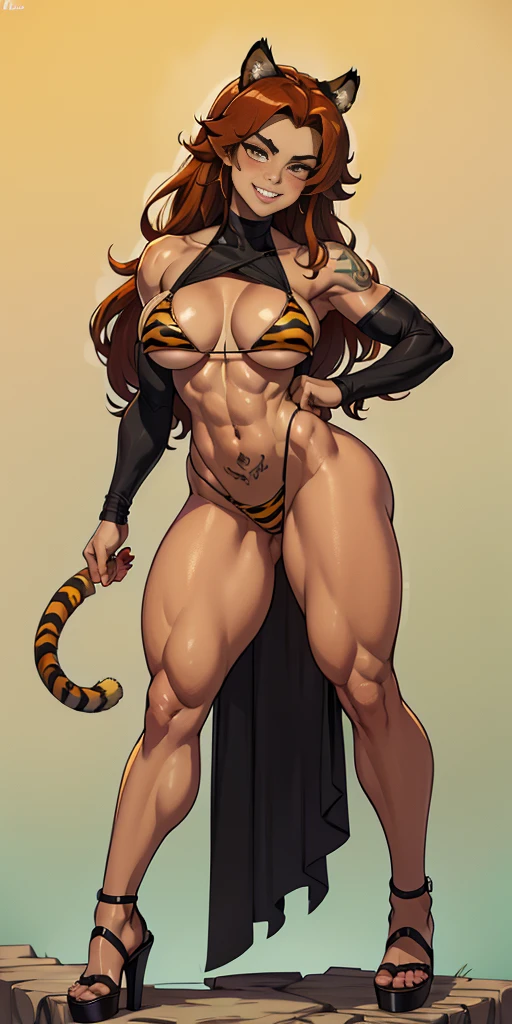(Fondo blanco) Eris cuerpo completo de pie con dos muslos largos, ojos grandes, cabello ROJO LARGO, mangas separadas, Bikini tigre amarillo, Tacones altos, manos en la cintura. Tatuaje rojo en el ombligo, MILF de cuerpo completo BIMBO, cara de sonrisa lujuriosa y sonriente (rubor rojo), brazales dorados sin mangas, gargantilla negra