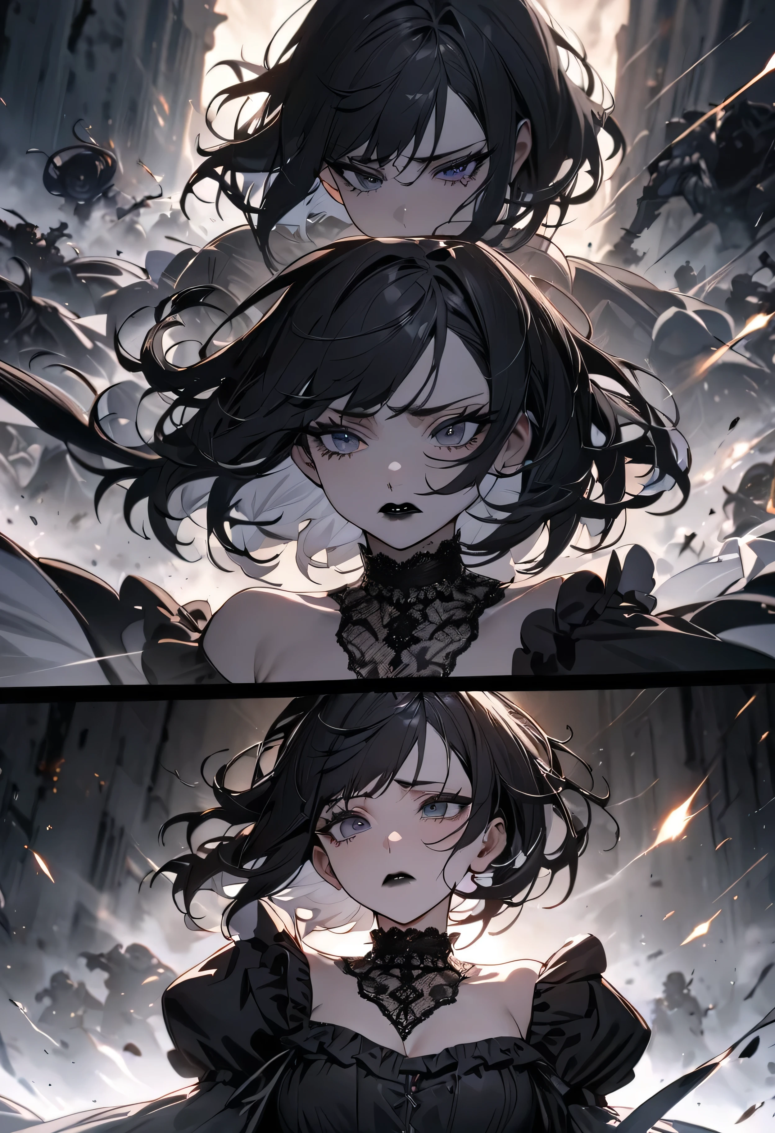 (masterpiece:1.2), (highest quality:1.2), Perfect Eyes, Perfect Face, Perfect lighting, One girl,bob, Complicated hairstyle, compensate, Black Lips, Thick eyelashes, sad, melancholy, Dressed as a goth girl, Black and white dress, Frills, ribbon, Puffy sleeves, Exposing shoulders, Lace choker,fighting,battlefield,magic,Chant,Magic team,Monster