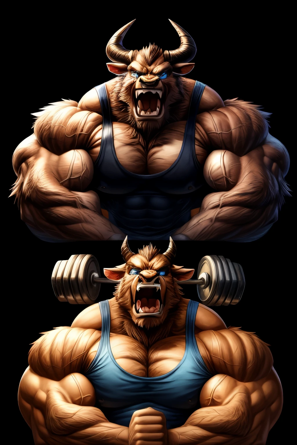 a very muscular bull doing bicep curls with dumbbells like a man, wearing a muscle tank top, very muscular, black background, a dimmed light bulb on top of his head, steam coming out his nose, big muscles, big horns, brown fur, blue eyes, crazy, very angry, screaming, yelling, huge muscles, dark fur, nose ring piercing