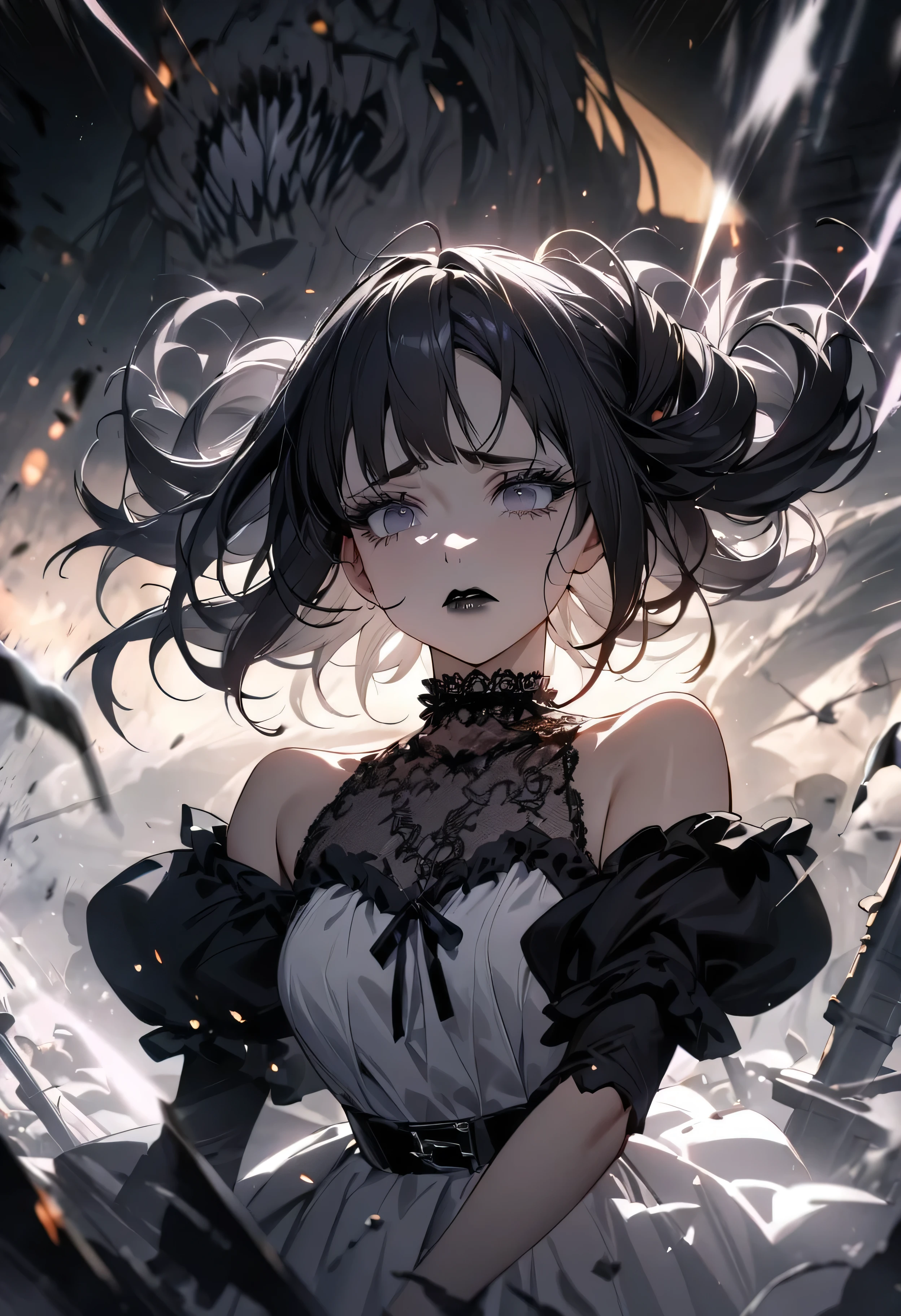 (masterpiece:1.2), (highest quality:1.2), Perfect Eyes, Perfect Face, Perfect lighting, One girl,bob, Complicated hairstyle, compensate, Black Lips, Thick eyelashes, sad, melancholy, Dressed as a goth girl, Black and white dress, Frills, ribbon, Puffy sleeves, Exposing shoulders, Lace choker,fighting,battlefield,magic,Chant,Magic team,Monster