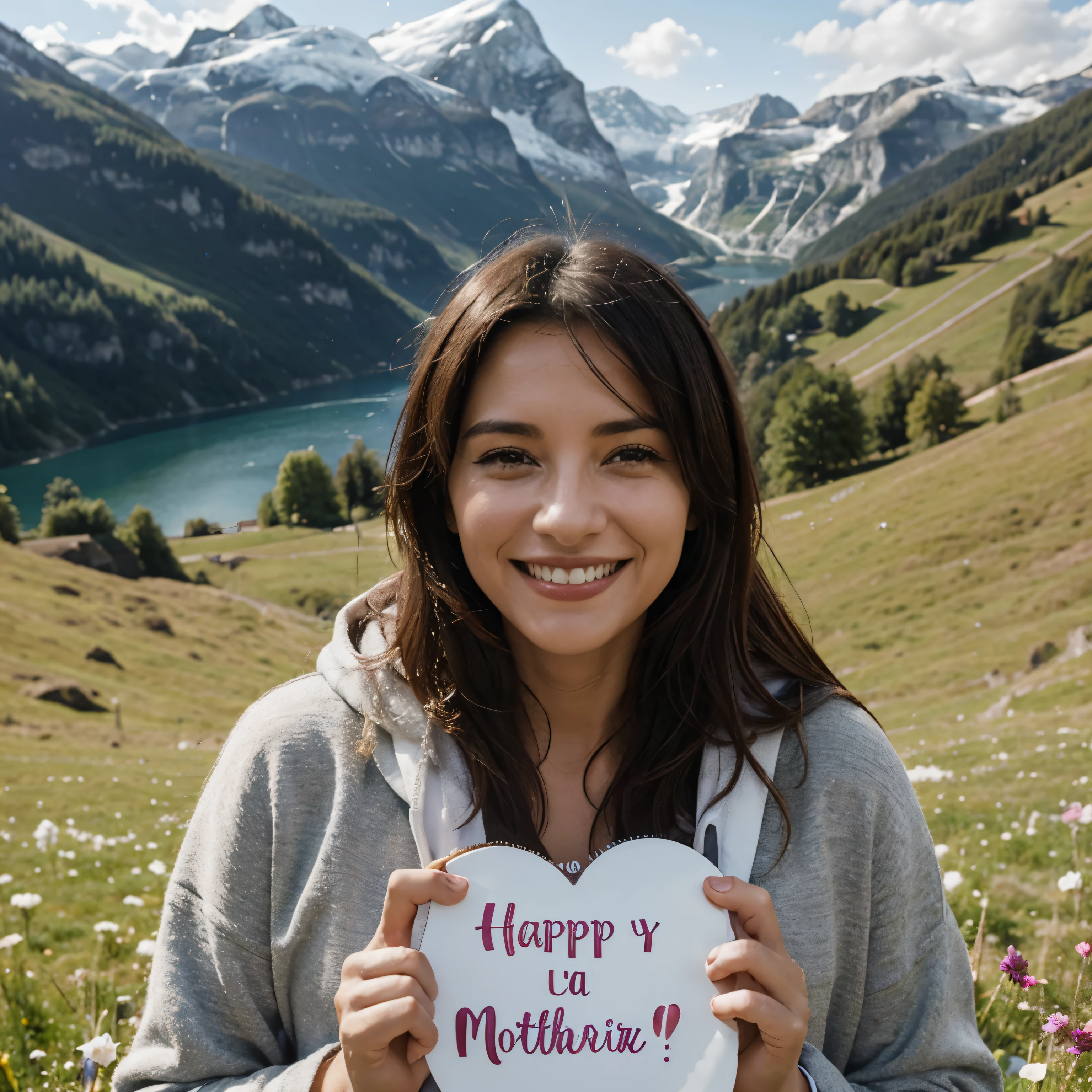 Crea una imagen de una madre Feliz y sonriente, con fondo en un paisaje de Suiza y unas letras que diga "Happy Mother's Day"