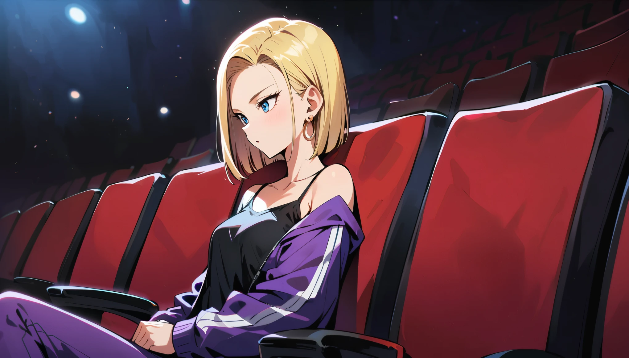 (masterpiece, best quality:1.2), shot from chest up showing collarbone and a hint of black camisole worn under tracksuit top, solo, Android 18 from Dragon Ball, sitting sideways in a bright red movie theater chair, wearing a vibrant purple tracksuit top with zipper pulled down a few inches to reveal black camisole underneath, vivid purple tracksuit bottoms with white stripes down the sides, short blonde hair loose, looking ahead at a large movie screen in front of her, earrings on earlobes, slender feminine figure, narrow waistline, inside a dimly lit movie theater with one screen, 4K, no small screens