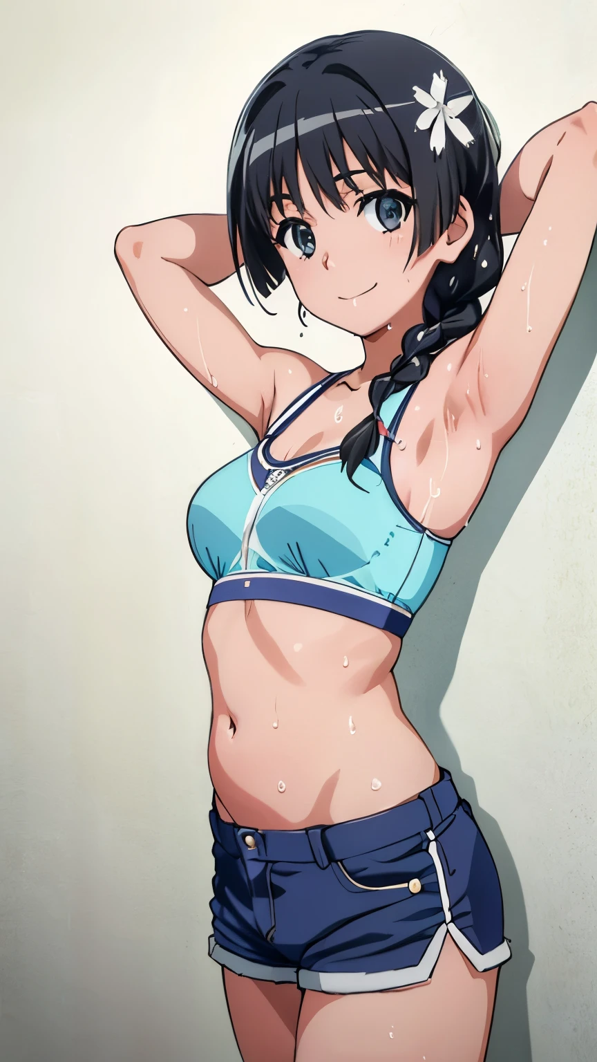 pixel perfect, Perfect in every detail, alone, 1 girl, Saten Ruiko, medium ,braid hair,inner,belly button,ts,smile,stylish pose,stylish angle,looking at the viewer,in the center of the image,alone, sweaty, armpits, wet, bra