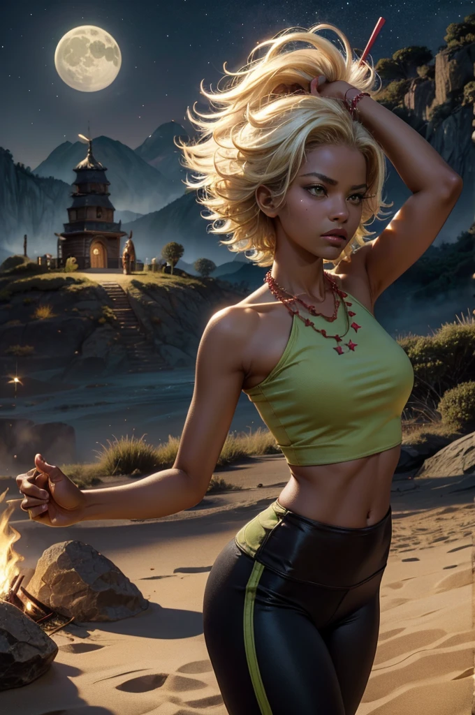 arslanaltan, 1girl, blonde hair, short hair, green eyes, dark skin, brown skin, hair ornament, t-shirt, bare shoulders, yoga pants, necklace, (Masterpiece, Best Quality, Highres:1.2), Detailed, Intricate Details, 4K, solo, cowboy shot, high rating, standing, city, bonfire, crowd, night, stars, moon, closed mouth, serious look, serious expression, looking at viewer,