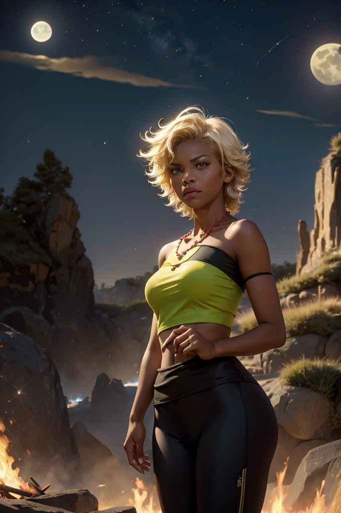 arslanaltan, 1girl, blonde hair, short hair, green eyes, dark skin, brown skin, hair ornament, t-shirt, bare shoulders, yoga pants, necklace, (Masterpiece, Best Quality, Highres:1.2), Detailed, Intricate Details, 4K, solo, cowboy shot, high rating, standing, city, bonfire, crowd, night, stars, moon, closed mouth, serious look, serious expression, looking at viewer,