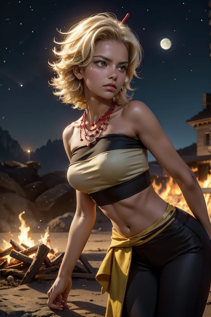 arslanaltan, 1girl, blonde hair, short hair, green eyes, dark skin, brown skin, hair ornament, t-shirt, bare shoulders, yoga pants, necklace, (Masterpiece, Best Quality, Highres:1.2), Detailed, Intricate Details, 4K, solo, cowboy shot, high rating, standing, city, bonfire, crowd, night, stars, moon, closed mouth, serious look, serious expression, looking at viewer,