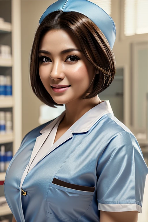 (1 Ultimate Beautiful Mature Nurse)、hyperdetailed face、Detailed lips、detailed eyes、double eyelids、((brunette bob hair))、(nurse's uniform:1.3)、(Glamorous body)、(Huge breasts)、smile、thighs thighs thighs thighs, Perfect fit, Perfect image realism, Background with: (Hospital Patient Rooms:1.2), Cowboy Shot, Meticulous background with, detailed costume, Perfect litthing、Hyper-Realism、(Photorealsitic:1.4)、8K maximum resolution, (​masterpiece), highly detailed, Professional