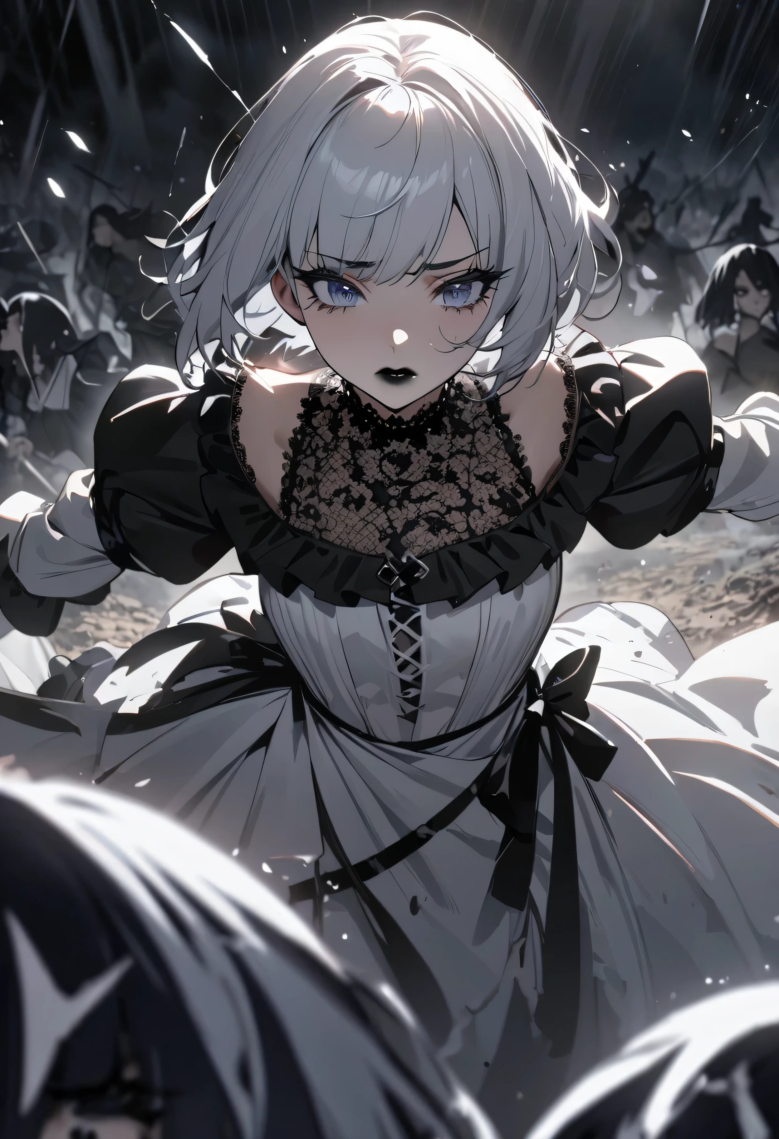 (masterpiece:1.2), (highest quality:1.2), Perfect Eyes, Perfect Face, Perfect lighting, One girl,bob, Complicated hairstyle, compensate, Thick eyelashes, Dressed as a goth girl, Black and white dress, Frills, ribbon, Puffy sleeves, Exposing shoulders, Lace choker,fighting,battle field,katana,Eye patch