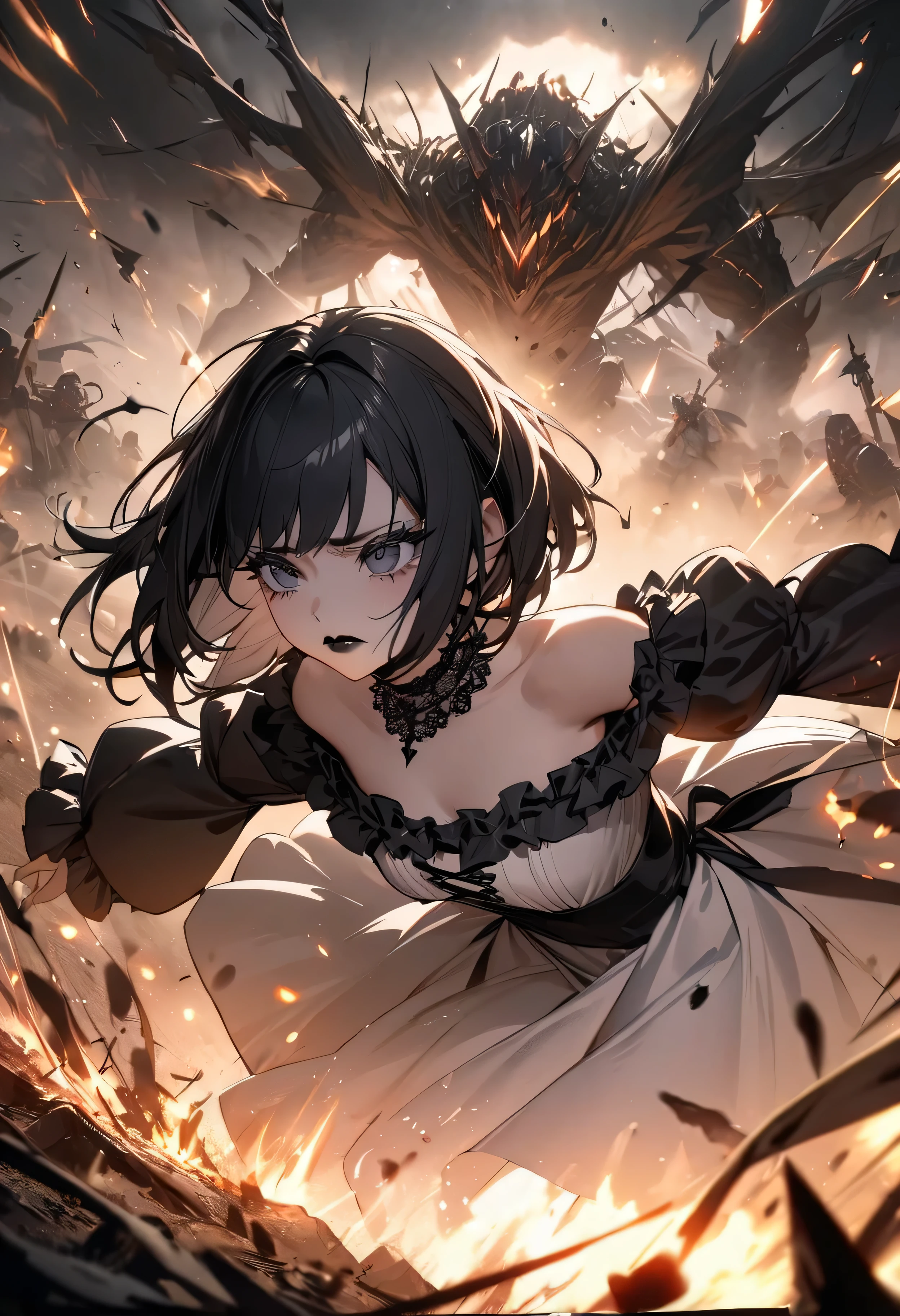 (masterpiece:1.2), (highest quality:1.2), Perfect Eyes, Perfect Face, Perfect lighting, One girl,bob, Complicated hairstyle, compensate, Thick eyelashes, Dressed as a goth girl, Black and white dress, Frills, ribbon, Puffy sleeves, Exposing shoulders, Lace choker,fighting,battle field,from below
