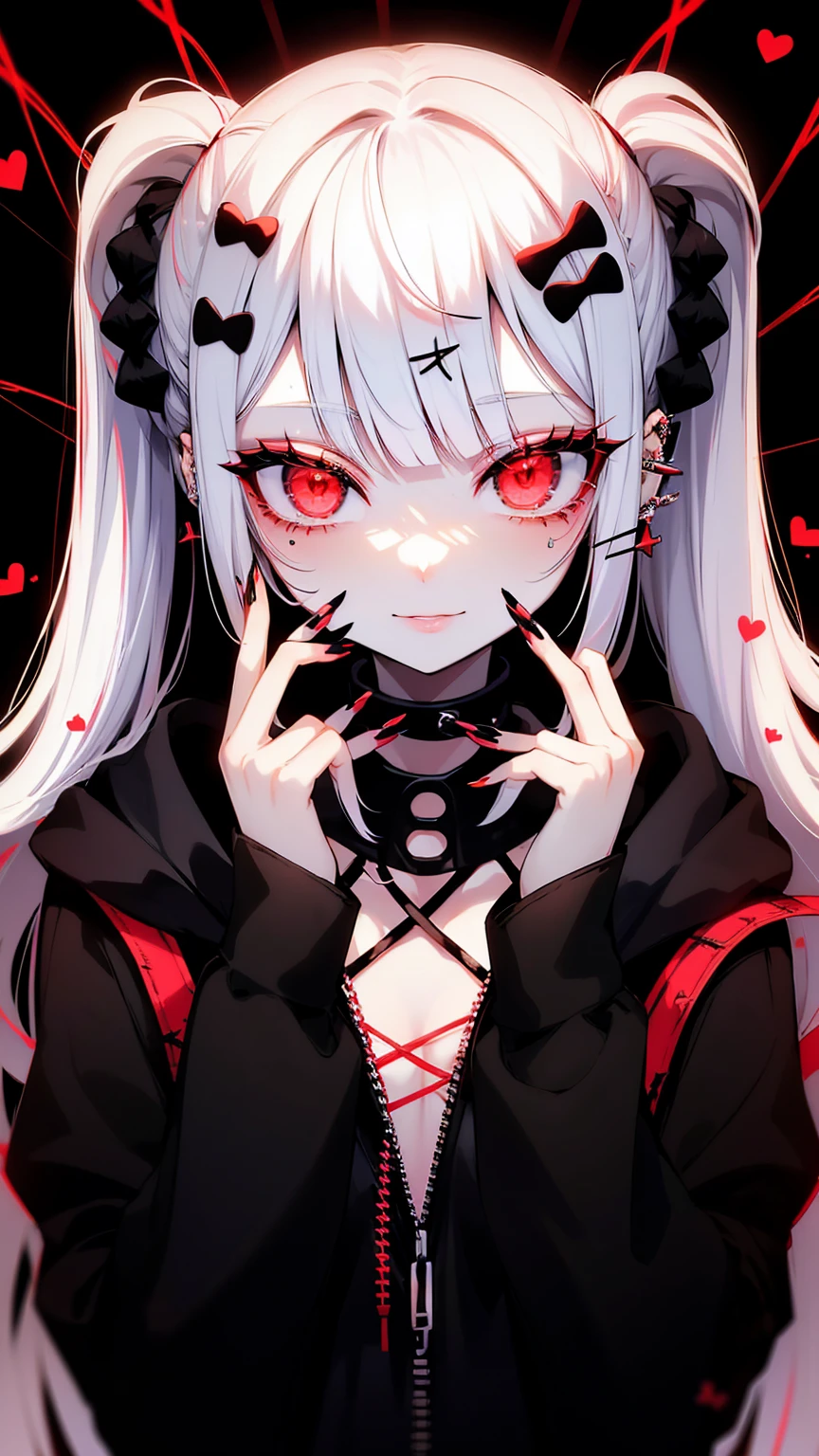 Beautiful young white-haired girl with piercing red eyes, half smile with full lips, black nails, barbed wires everywhere(coiled black barbed wires)