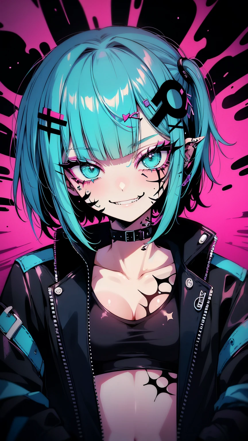 young girl, long turquoise hair, punk haircut, turquoise eyes, scars, punk make-up, leather jacket, Burns, ripped clothes, madness, smirk, Masterpiece, highly quality