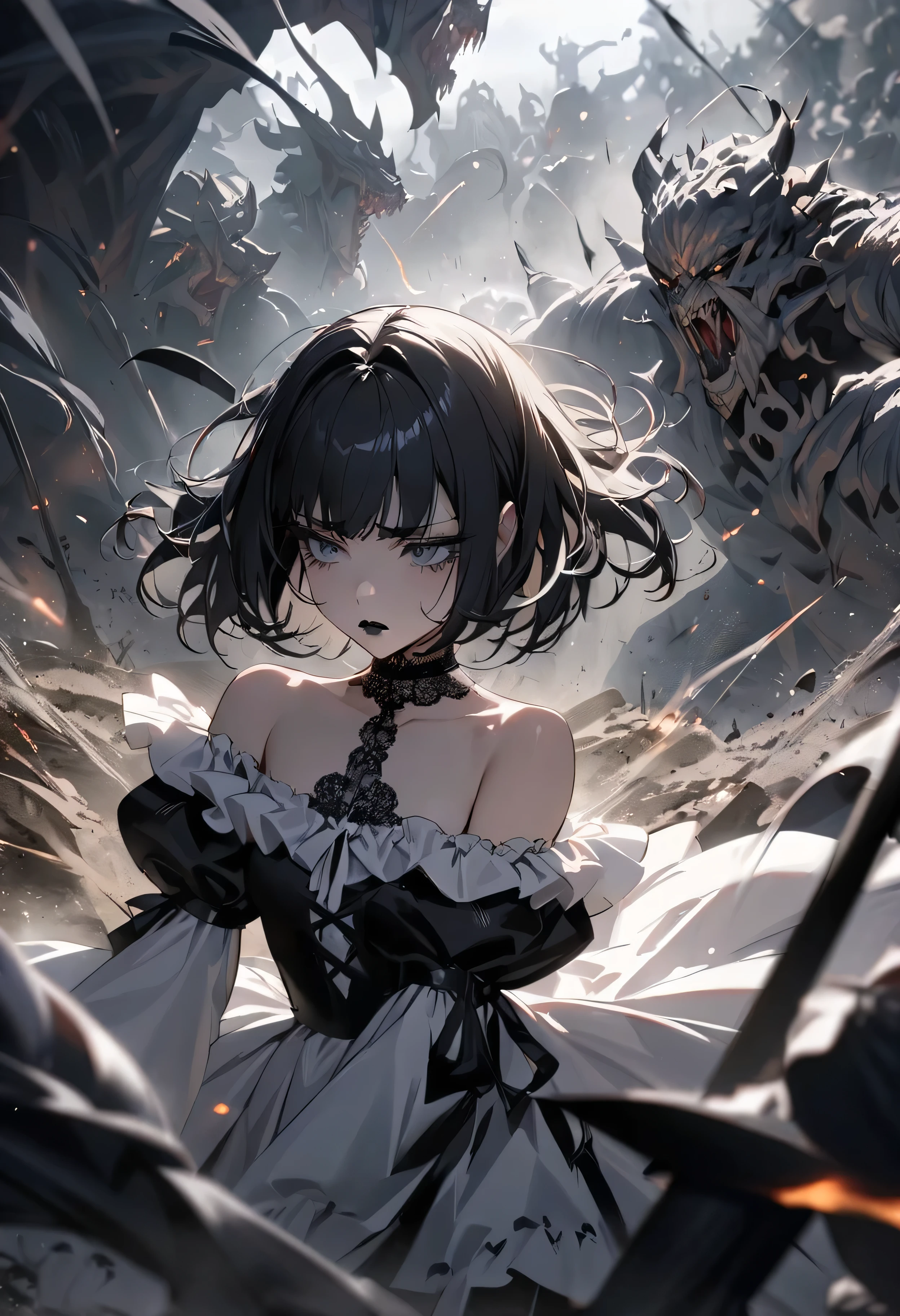 (masterpiece:1.2), (highest quality:1.2), Perfect Eyes, Perfect Face, Perfect lighting, One girl,bob, Complicated hairstyle, compensate, Black Lips, Thick eyelashes, sad, melancholy, Dressed as a goth girl, Black and white dress, Frills, ribbon, Puffy sleeves, Exposing shoulders, Lace choker,fighting,battlefield,magic,Chant,Magic team,Monster