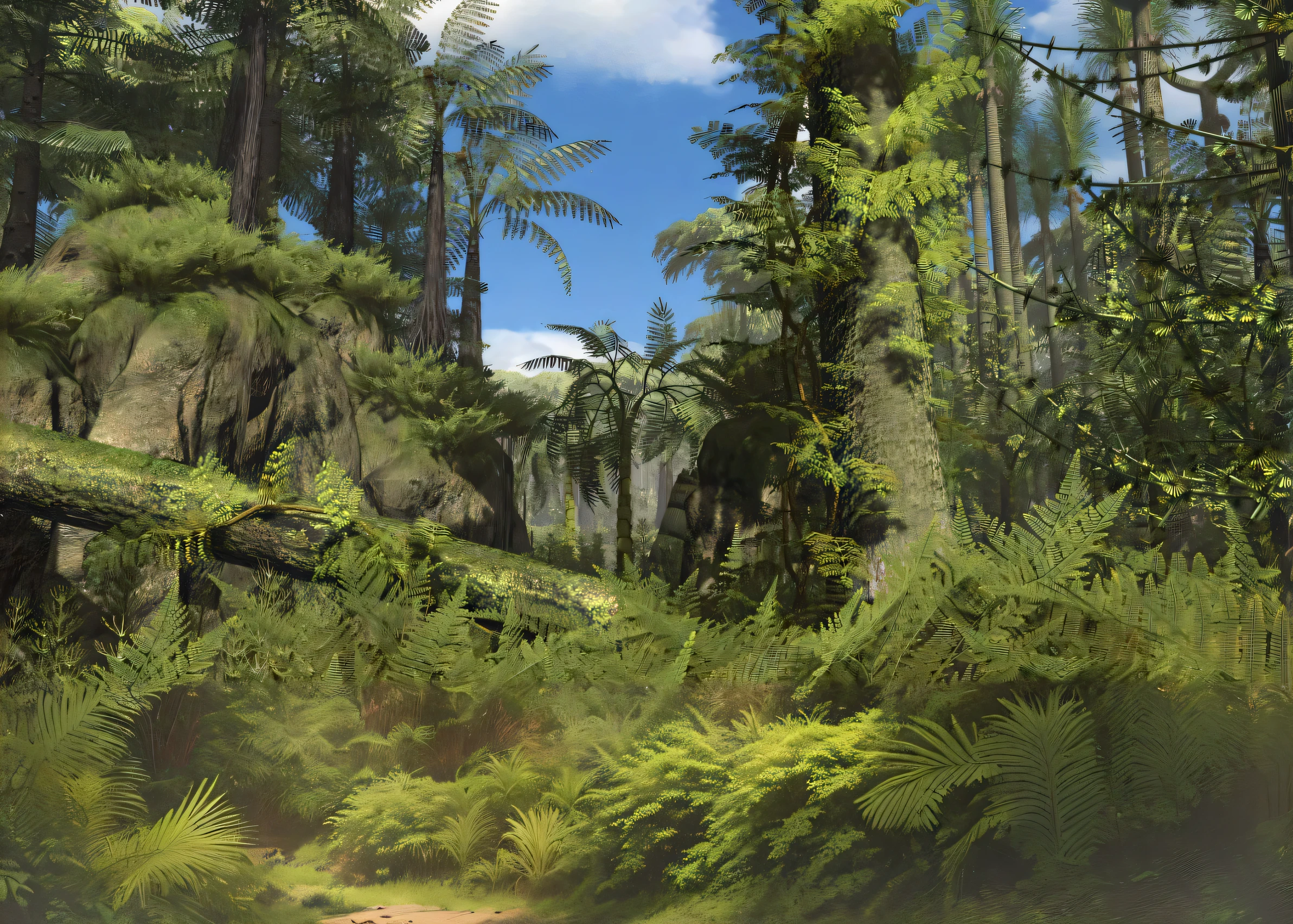 a large group of trees in the forest against the sky, highly detailed environment, digital detailed environment, Jungle environment, Forest environment, overgrown Jungle environment, tree ferns, beautiful ancient forest, ancient forest, lush vegetation and ferns, ultradetailed environment, ancient wooden environment, Detailed trees and rocks, detailed environment, lush vegetation with ferns, a tropical forest, Lush Environment, sand in front, sandy glade