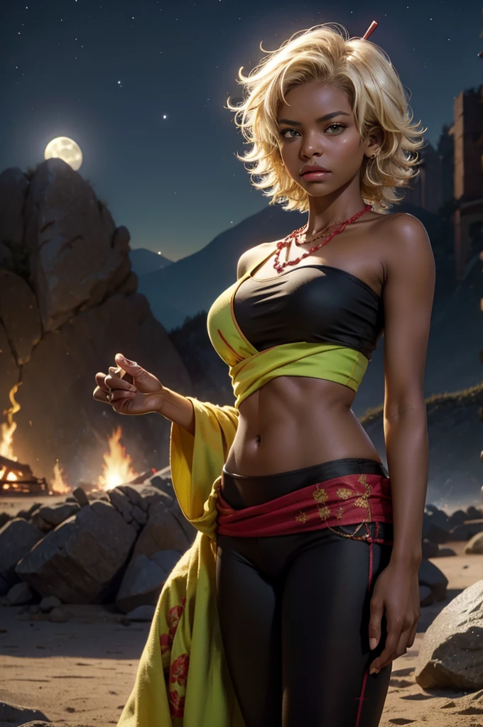 arslanaltan, 1girl, blonde hair, short hair, green eyes, dark skin, brown skin, hair ornament, t-shirt, bare shoulders, yoga pants, necklace, (Masterpiece, Best Quality, Highres:1.2), Detailed, Intricate Details, 4K, solo, cowboy shot, high rating, standing, city, bonfire, crowd, night, stars, moon, closed mouth, serious look, serious expression, looking at viewer,