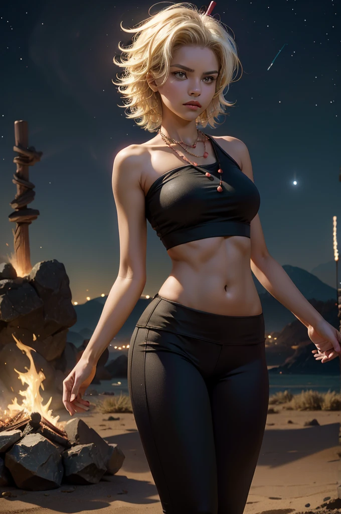 arslanaltan, 1girl, blonde hair, short hair, green eyes, dark skin, brown skin, hair ornament, t-shirt, bare shoulders, yoga pants, necklace, (Masterpiece, Best Quality, Highres:1.2), Detailed, Intricate Details, 4K, solo, cowboy shot, high rating, standing, city, bonfire, crowd, night, stars, moon, closed mouth, serious look, serious expression, looking at viewer,