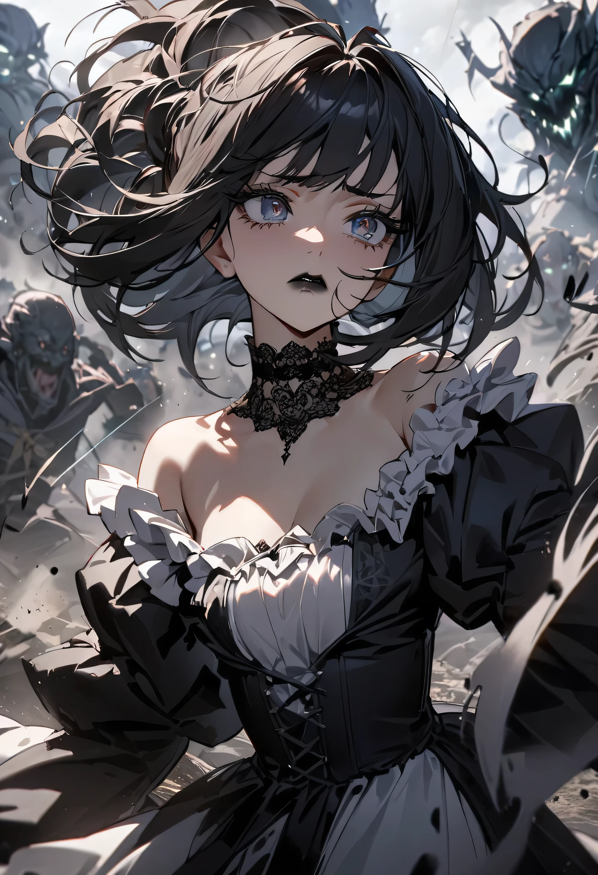 (masterpiece:1.2), (highest quality:1.2), Perfect Eyes, Perfect Face, Perfect lighting, One girl,bob, Complicated hairstyle, compensate, Black Lips, Thick eyelashes, sad, melancholy, Dressed as a goth girl, Black and white dress, Frills, ribbon, Puffy sleeves, Exposing shoulders, Lace choker,fighting,battlefield,magic,Chant,Magic team,Monster