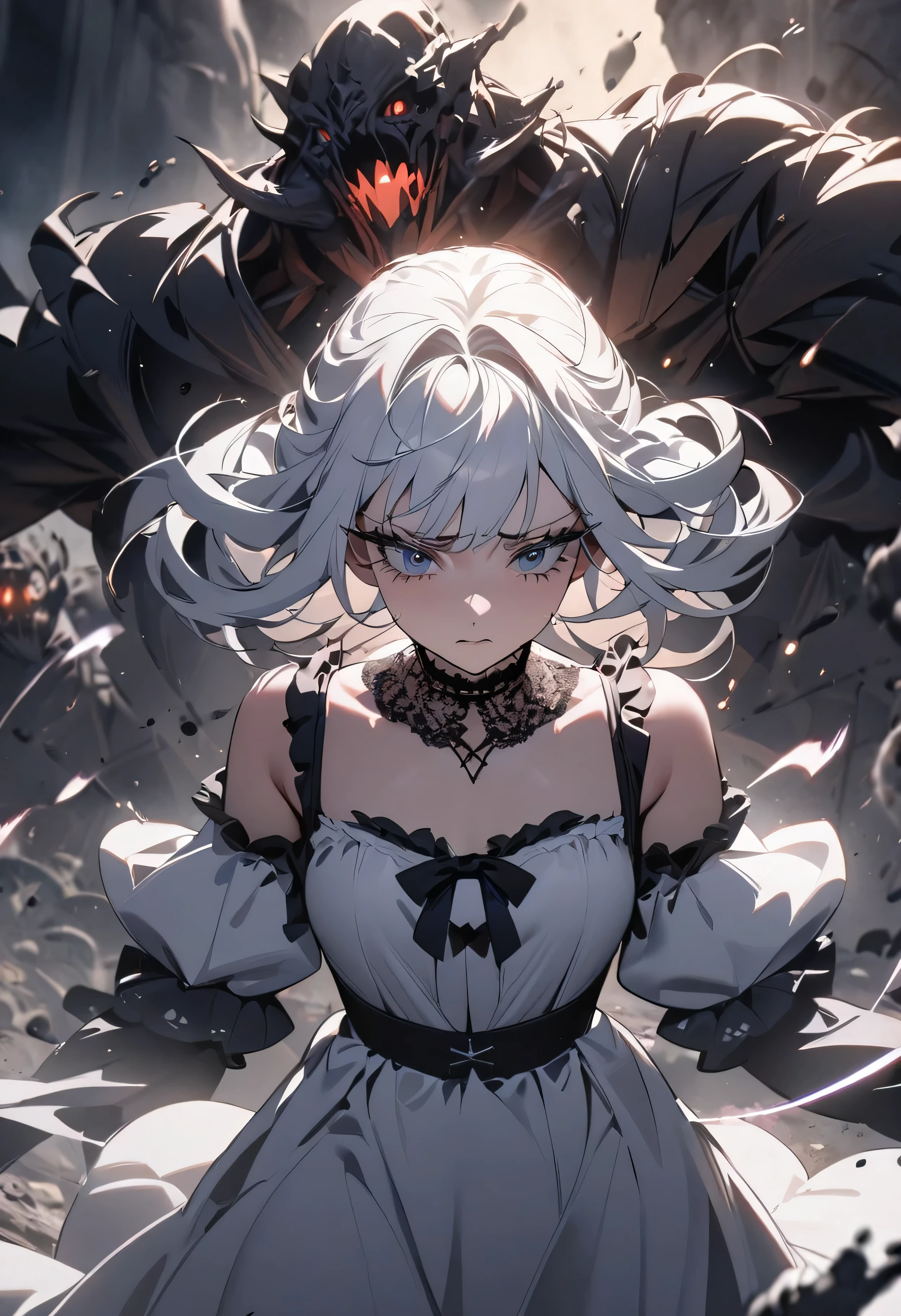 (masterpiece:1.2), (highest quality:1.2), Perfect Eyes, Perfect Face, Perfect lighting, One girl,bob, Complicated hairstyle, compensate, , Thick eyelashes, sad, melancholy, Dressed as a goth girl, Black and white dress, Frills, ribbon, Puffy sleeves, Exposing shoulders, Lace choker,fighting,battlefield,magic,Chant,Magic team,Monster,