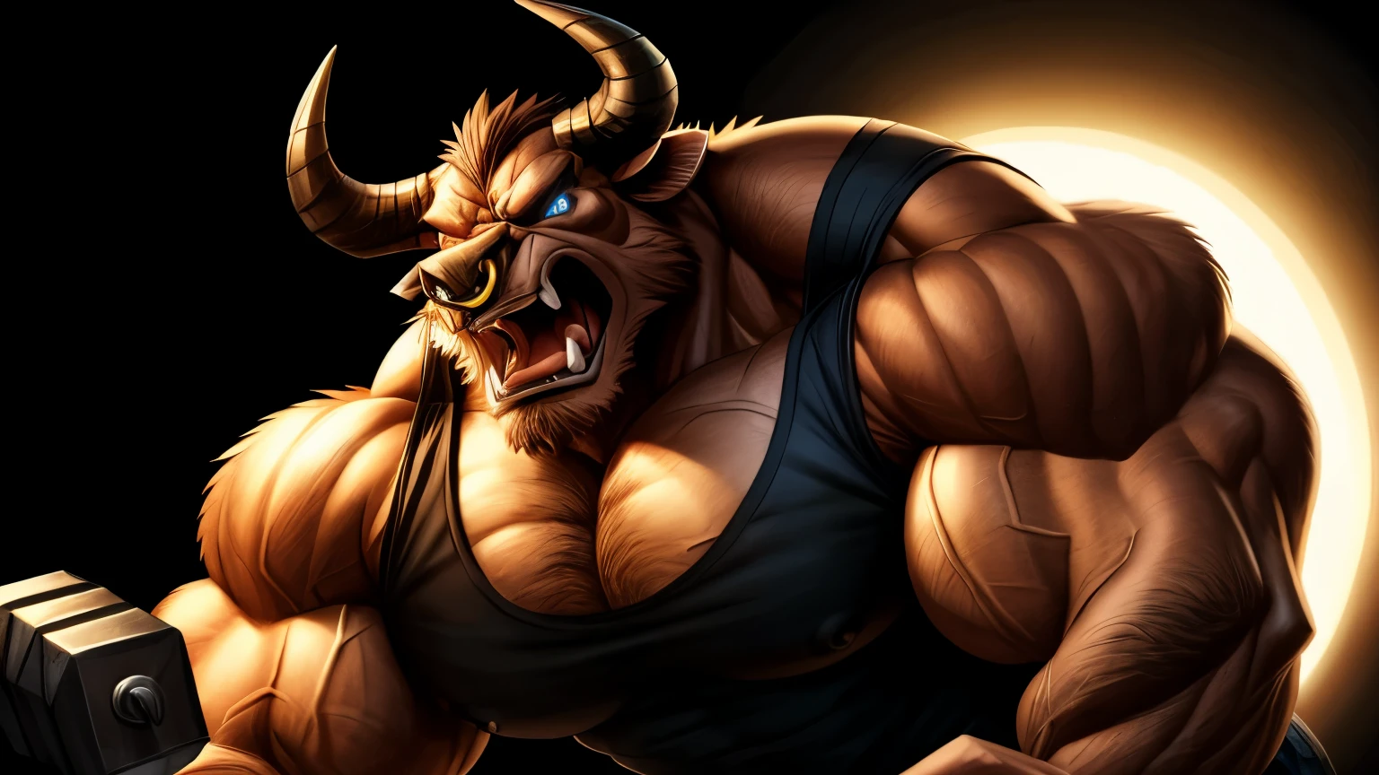 a very muscular bull doing bicep curls with dumbbells like a man, wearing a muscle tank top, very muscular, black background, a dimmed light bulb on top of his head, steam coming out his nose, big muscles, big horns, brown fur, blue eyes, crazy, very angry, screaming, yelling, huge muscles, dark fur, nose ring piercing