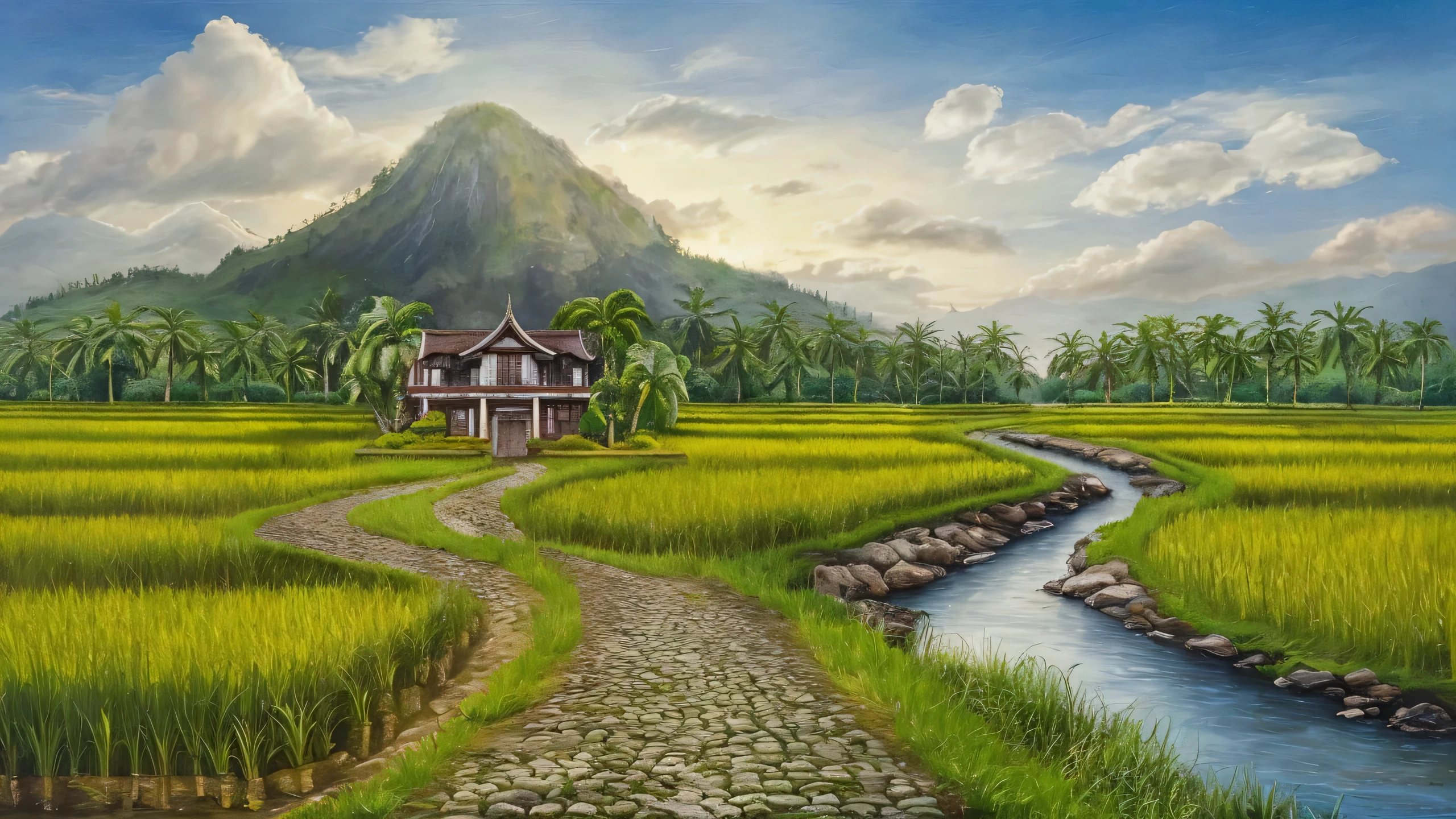 Realistic, oil painting, sebuah sawah yang terbentang luas, dengan warna hijau dan kuning, terdapat gunung yang megah di bawah nya terdapat banyak pohon kelapa, jalan setapak beraspal berkelok menuju rumah membalah persawahan yang luas,ditengah sawah terdapat rumah kayu, di tepi jalan terdapat sungai yang mengalir tenang, dengan awan majestic cloud.