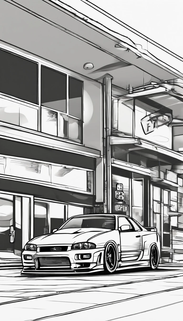 A Nissan GTR r34 in front only a Family mart convenience store  with a car crew near by 