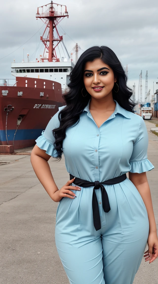 srabanti chatterjee Indian beautiful actress curvy plus size hour glass bulky figure woman, closeup camera view, wearing SHEIN Tween Girl Ruffle Trim Button Front Belted Jumpsuit SKU: sk2303111088768104 GBP£6.99 GBP£9.49 -26% Including VAT Color: Baby Blue, different style hairstyle, bright eyes, thin eyebrows, fair skin, blushing cheeks, prefect head to toe view, full body view, Industrial Dockyard: A gritty dockyard with cranes, shipping containers, and industrial machinery. smile face, black hair, Indian face, perfect skin tone light, ultra realistic skin texture