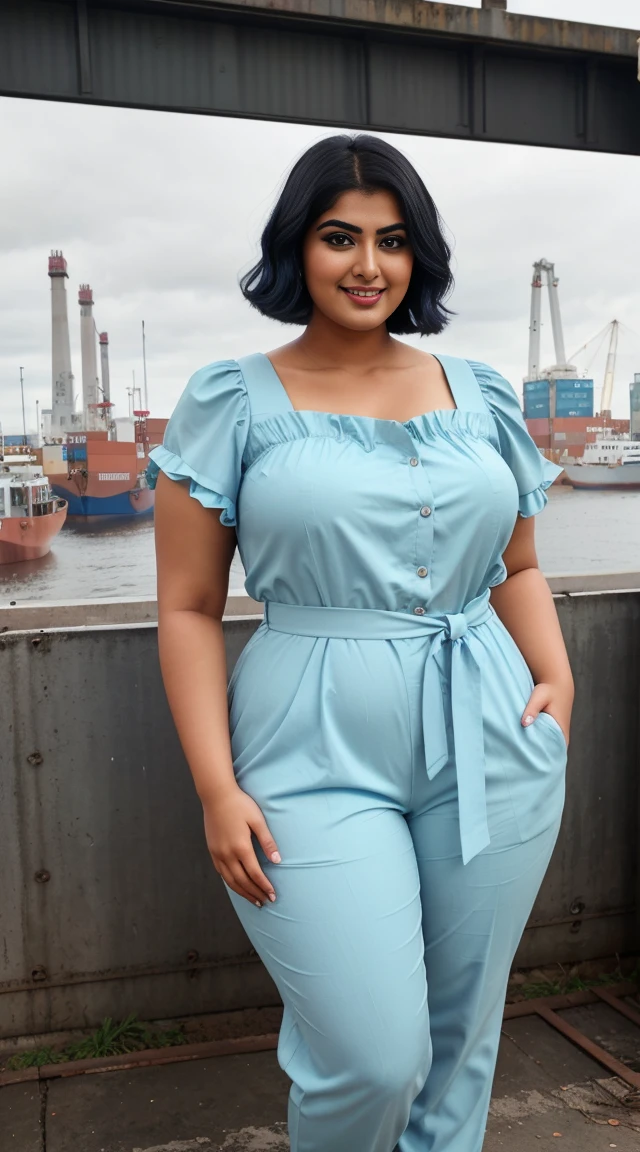 srabanti chatterjee Indian beautiful actress curvy plus size hour glass bulky figure woman, closeup camera view, wearing SHEIN Tween Girl Ruffle Trim Button Front Belted Jumpsuit SKU: sk2303111088768104 GBP£6.99 GBP£9.49 -26% Including VAT Color:  Blue, different style hairstyle, bright eyes, thin eyebrows, fair skin, blushing cheeks, prefect head to toe view, full body view, Industrial Dockyard: A gritty dockyard with cranes, shipping containers, and industrial machinery. smile face, black hair, Indian face, perfect skin tone light, ultra realistic skin texture