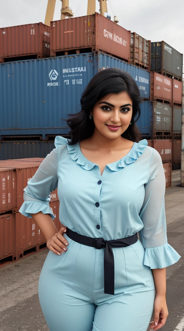 srabanti chatterjee Indian beautiful actress curvy plus size hour glass bulky figure woman, closeup camera view, wearing SHEIN Tween Girl Ruffle Trim Button Front Belted Jumpsuit SKU: sk2303111088768104 GBP£6.99 GBP£9.49 -26% Including VAT Color: Baby Blue, different style hairstyle, bright eyes, thin eyebrows, fair skin, blushing cheeks, prefect head to toe view, full body view, Industrial Dockyard: A gritty dockyard with cranes, shipping containers, and industrial machinery. smile face, black hair, Indian face, perfect skin tone light, ultra realistic skin texture