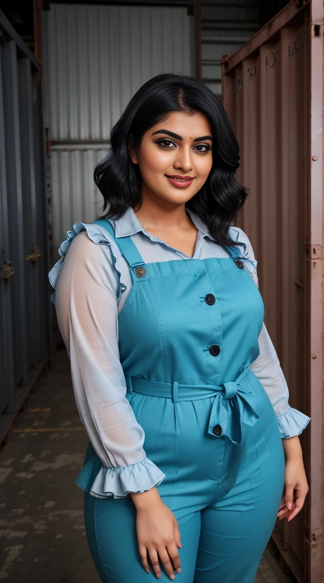 srabanti chatterjee Indian beautiful actress curvy plus size hour glass bulky figure woman, closeup camera view, wearing SHEIN Tween Girl Ruffle Trim Button Front Belted Jumpsuit SKU: sk2303111088768104 GBP£6.99 GBP£9.49 -26% Including VAT Color: Blue, different style hairstyle, bright eyes, thin eyebrows, fair skin, blushing cheeks, prefect head to toe view, full body view, Industrial Dockyard: A gritty dockyard with cranes, shipping containers, and industrial machinery. smile face, black hair, Indian face, perfect skin tone light, ultra realistic skin texture
