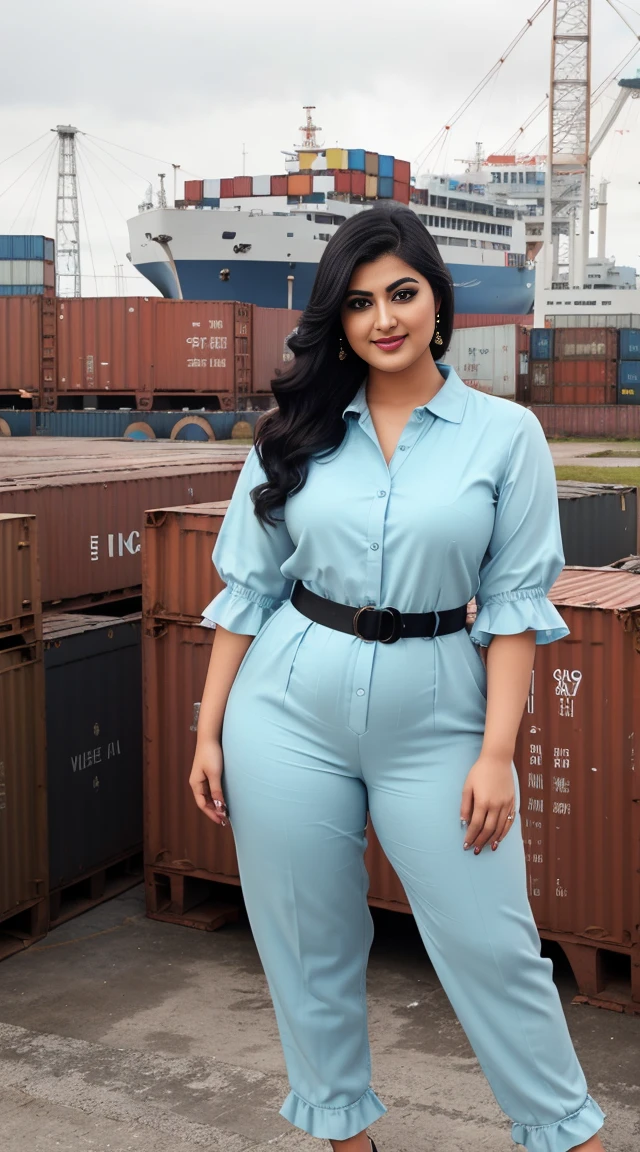srabanti rjee Indian beautiful actress curvy plus size hour glass bulky figure woman, closeup camera view, wearing SHEIN Tween Girl Ruffle Trim Buttonnt Belted Jumpsuit SKU: sk2303111088768104 GBP£6.99 GBP£9.49 -26% Including VAT Color: Baby Blue, different style hairstyle, bright eyes, thin eyebrows, fair skin, blushing cheeks, prefect head to toe view, full body view, Industrial Dockyard: A gritty dockyard with cranes, shipping containers, and industrial machinery. smile face, black hair, Indian face, perfect skin tone light, ultra realistic skin texture