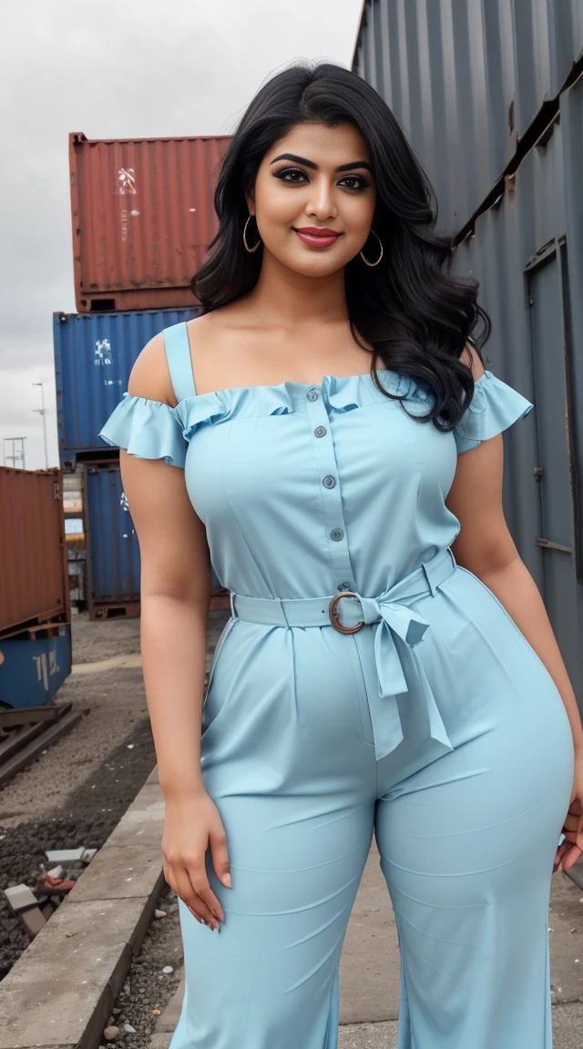 srabanti chatterjee Indian beautiful actress curvy plus size hour glass bulky figure woman, closeup camera view, wearing SHEIN Tween Girl Ruffle Trim Button Front Belted Jumpsuit SKU: sk2303111088768104 GBP£6.99 GBP£9.49 -26% Including VAT Color: Baby Blue, different style hairstyle, bright eyes, thin eyebrows, fair skin, blushing cheeks, prefect head to toe view, full body view, Industrial Dockyard: A gritty dockyard with cranes, shipping containers, and industrial machinery. smile face, black hair, Indian face, perfect skin tone light, ultra realistic skin texture