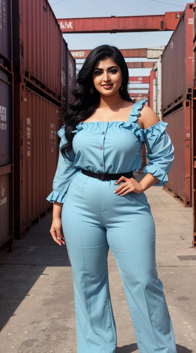 srabanti chatterjee Indian beautiful actress curvy plus size hour glass bulky figure woman, closeup camera view, wearing SHEIN Tween Girl Ruffle Trim Button Front Belted Jumpsuit SKU: sk2303111088768104 GBP£6.99 GBP£9.49 -26% Including VAT Color: Baby Blue, different style hairstyle, bright eyes, thin eyebrows, fair skin, blushing cheeks, prefect head to toe view, full body view, Industrial Dockyard: A gritty dockyard with cranes, shipping containers, and industrial machinery. smile face, black hair, Indian face, perfect skin tone light, ultra realistic skin texture