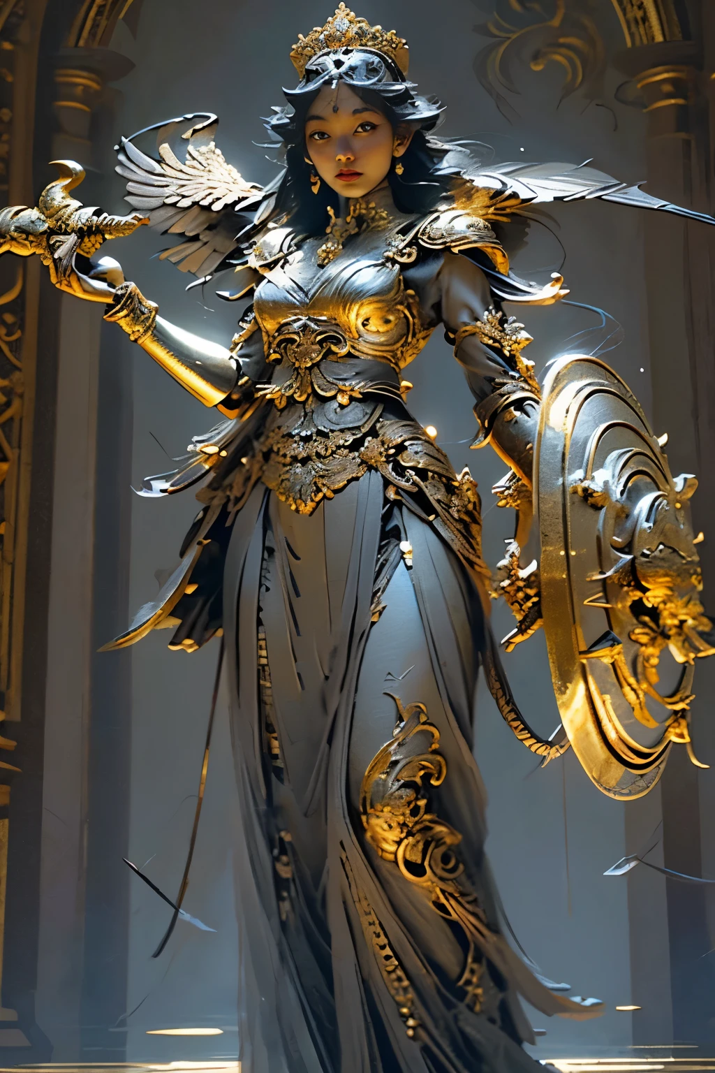 Athena, the revered goddess of war, proudly stands on a magnificent arch, her golden armor radiantly gleaming under the sun. Her wings, as large as a bird's, are spread wide behind her, adding an awe-inspiring presence to the scene. In one hand, she brandishes a scepter adorned with intricate mythological designs, while in the other, she holds up her shield, its surface embellished with images of ancient battles won in her honor. Flanking her on either side, statuesque soldiers, their bodies clad in armor reminiscent of Athena's, stand tall and ready, paying homage to the goddess