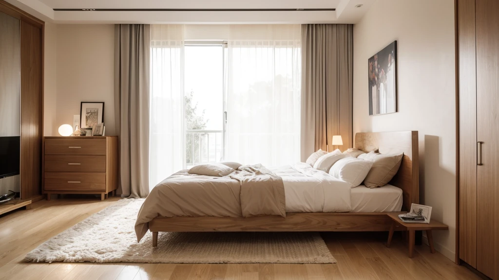 Modern style bedroom, light tones, fully furnished, wood materials, high quality 4K, modern, close-ups of each interior.
