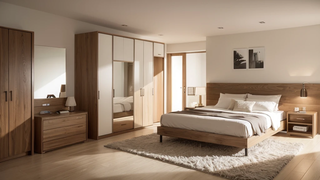 Modern style bedroom, light tones, fully furnished, wood materials, high quality 4K, modern, close-ups of each interior.