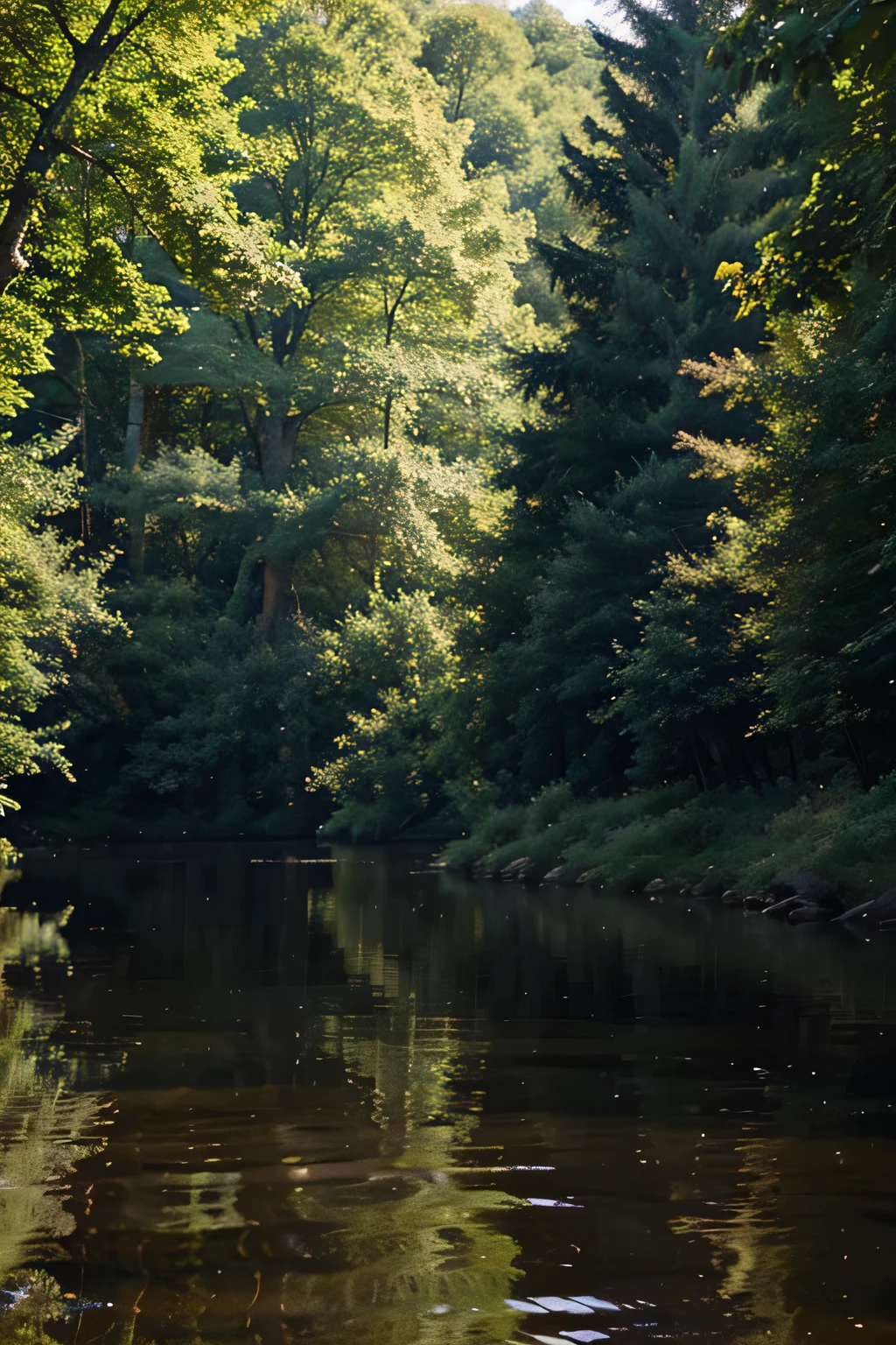 A calm river bordered by trees in the middle of the forest