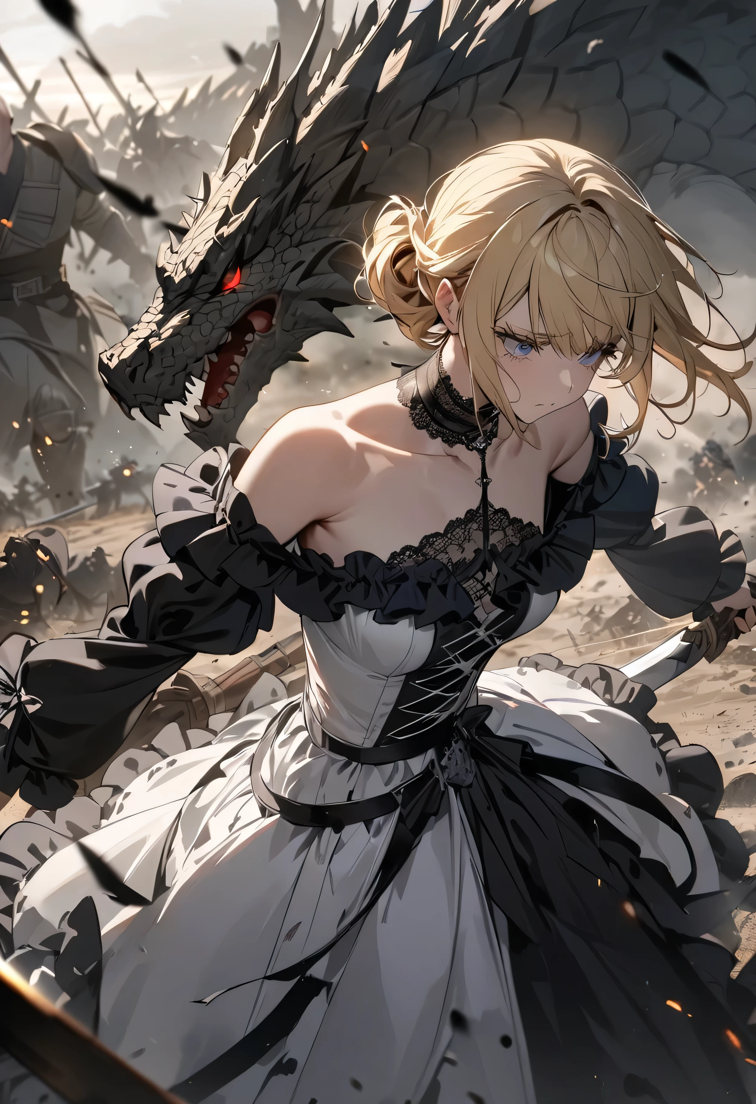 (masterpiece:1.2), (highest quality:1.2), Perfect Eyes, Perfect Face, Perfect lighting, One girl,bob, Complicated hairstyle, compensate, Thick eyelashes, sad, melancholy, Dressed as a goth girl, Black and white dress, Frills, ribbon, Puffy sleeves, Exposing shoulders, Lace choker,fighting,battlefield,sword,blonde hair,dragon