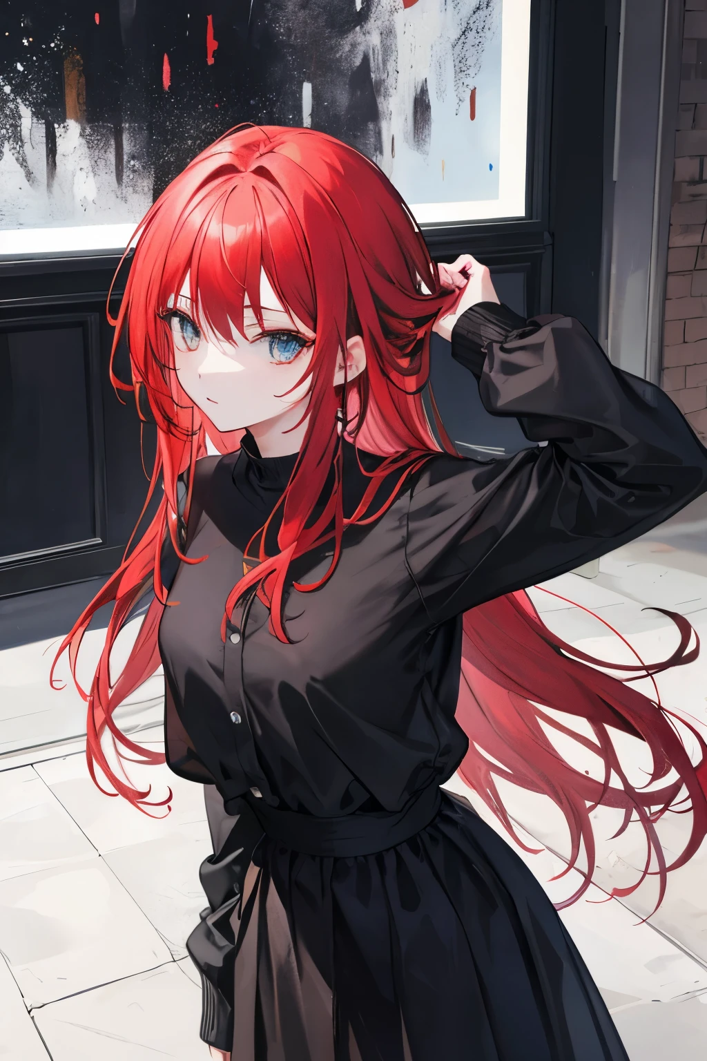 "A beautiful anime girl with flowing, vibrant red hair cascading down to her waist. Her hair is styled with soft waves and has a few strands falling freely over her face, framing her striking features. She has large, expressive crimson eyes that sparkle with confidence, paired with long, fluttering lashes. Her smooth, pale skin contrasts sharply with her outfit: a sleek, black button-up shirt with rolled-up sleeves, slightly fitted to accentuate her figure. She wears a matching black pleated skirt that reaches mid-thigh, with a subtle silver chain hanging from one side. Around her neck, there’s a small, silver pendant, glinting subtly under the light. Her look is completed with knee-high black boots, giving her a cool, edgy vibe. Her overall expression is confident yet mysterious, with a slight smirk on her lips. In the background, imagine a moody urban setting with soft neon lights reflecting off her, enhancing her enigmatic aura