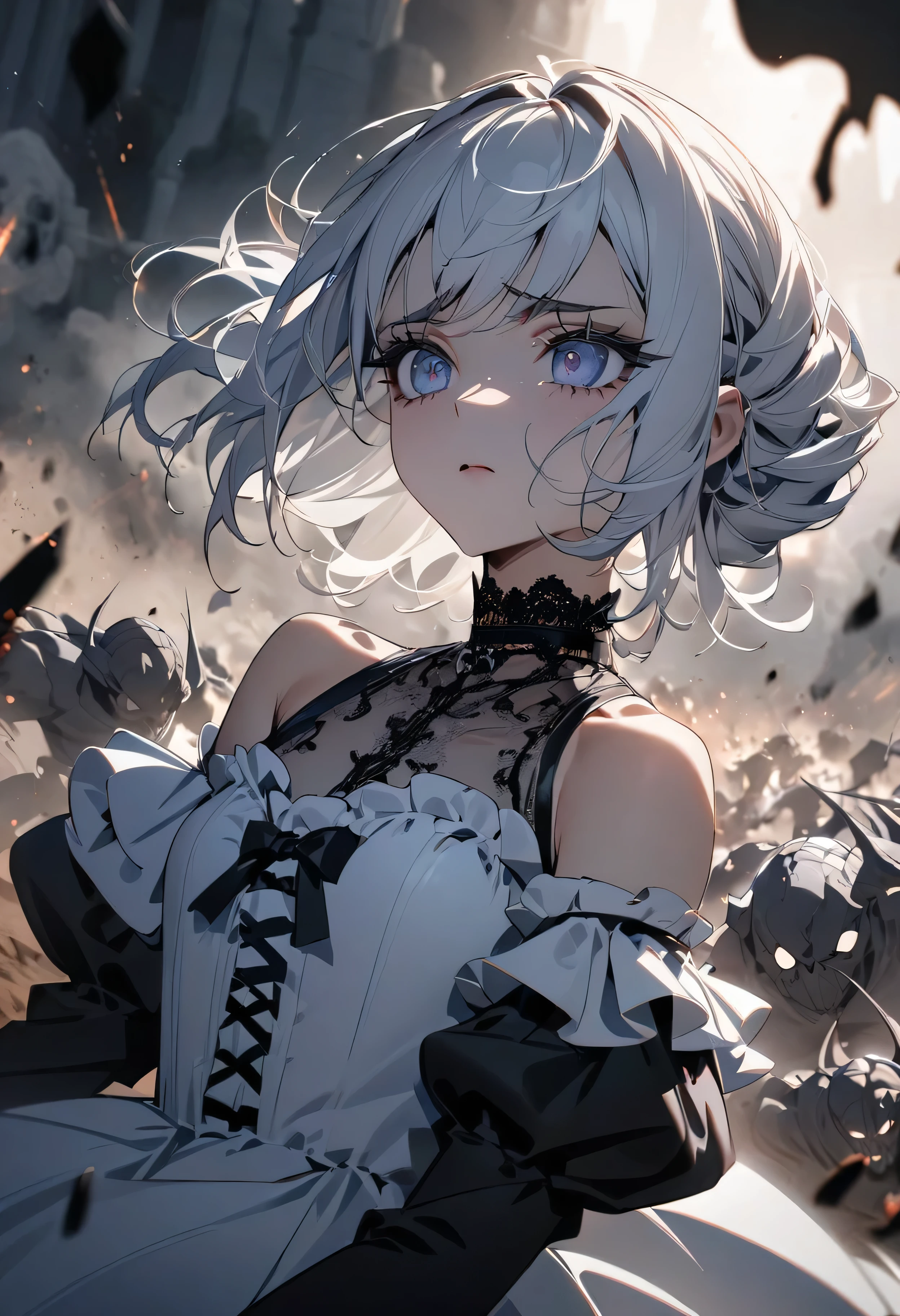 (masterpiece:1.2), (highest quality:1.2), Perfect Eyes, Perfect Face, Perfect lighting, One girl,bob, Complicated hairstyle, compensate, , Thick eyelashes, sad, melancholy, Dressed as a goth girl, Black and white dress, Frills, ribbon, Puffy sleeves, Exposing shoulders, Lace choker,fighting,battlefield,magic,Chant,Magic team,Monster,