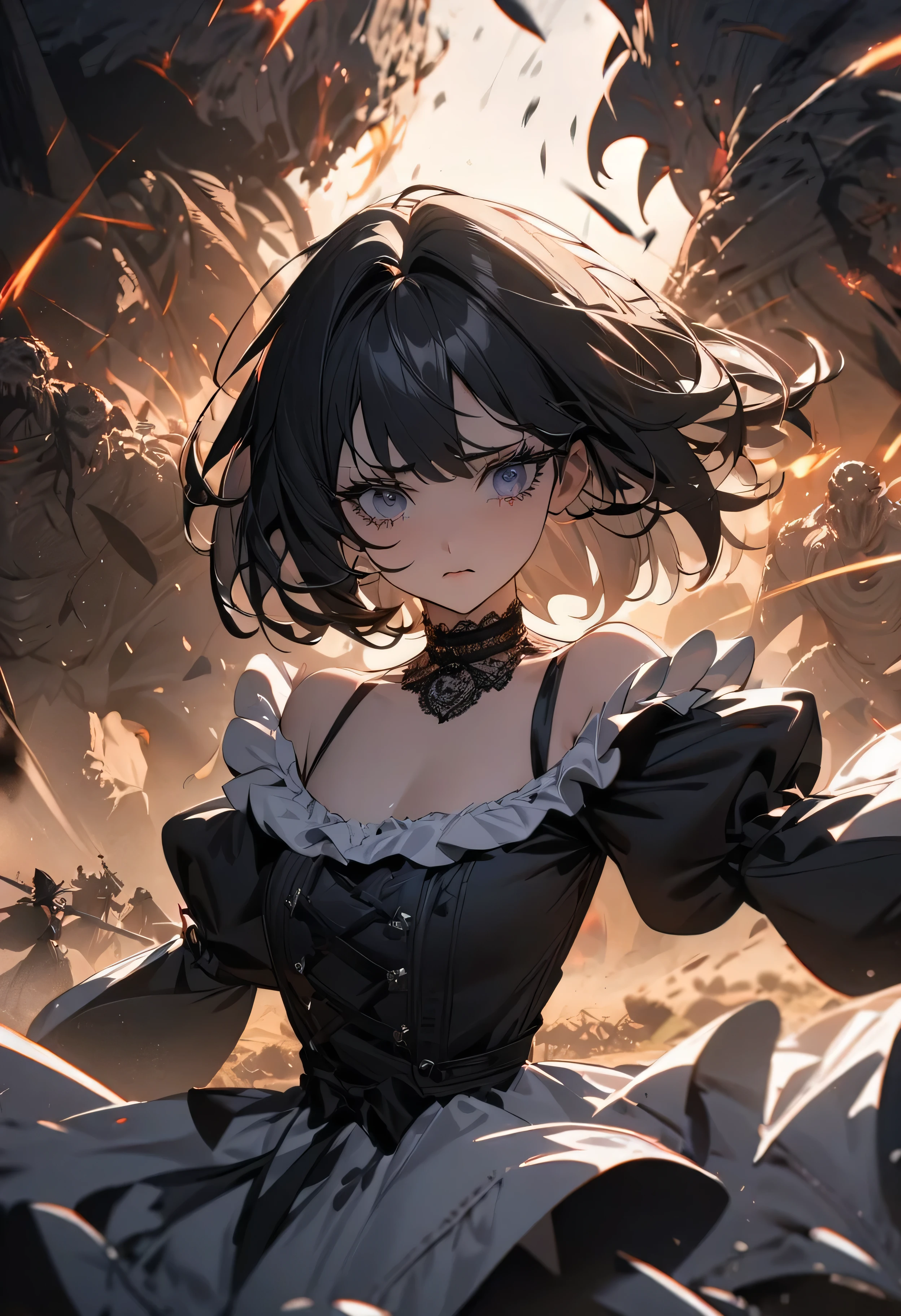 (masterpiece:1.2), (highest quality:1.2), Perfect Eyes, Perfect Face, Perfect lighting, One girl,bob, Complicated hairstyle, compensate, , Thick eyelashes, sad, melancholy, Dressed as a goth girl, Black and white dress, Frills, ribbon, Puffy sleeves, Exposing shoulders, Lace choker,fighting,battlefield,magic,Chant,Magic team,Monster,