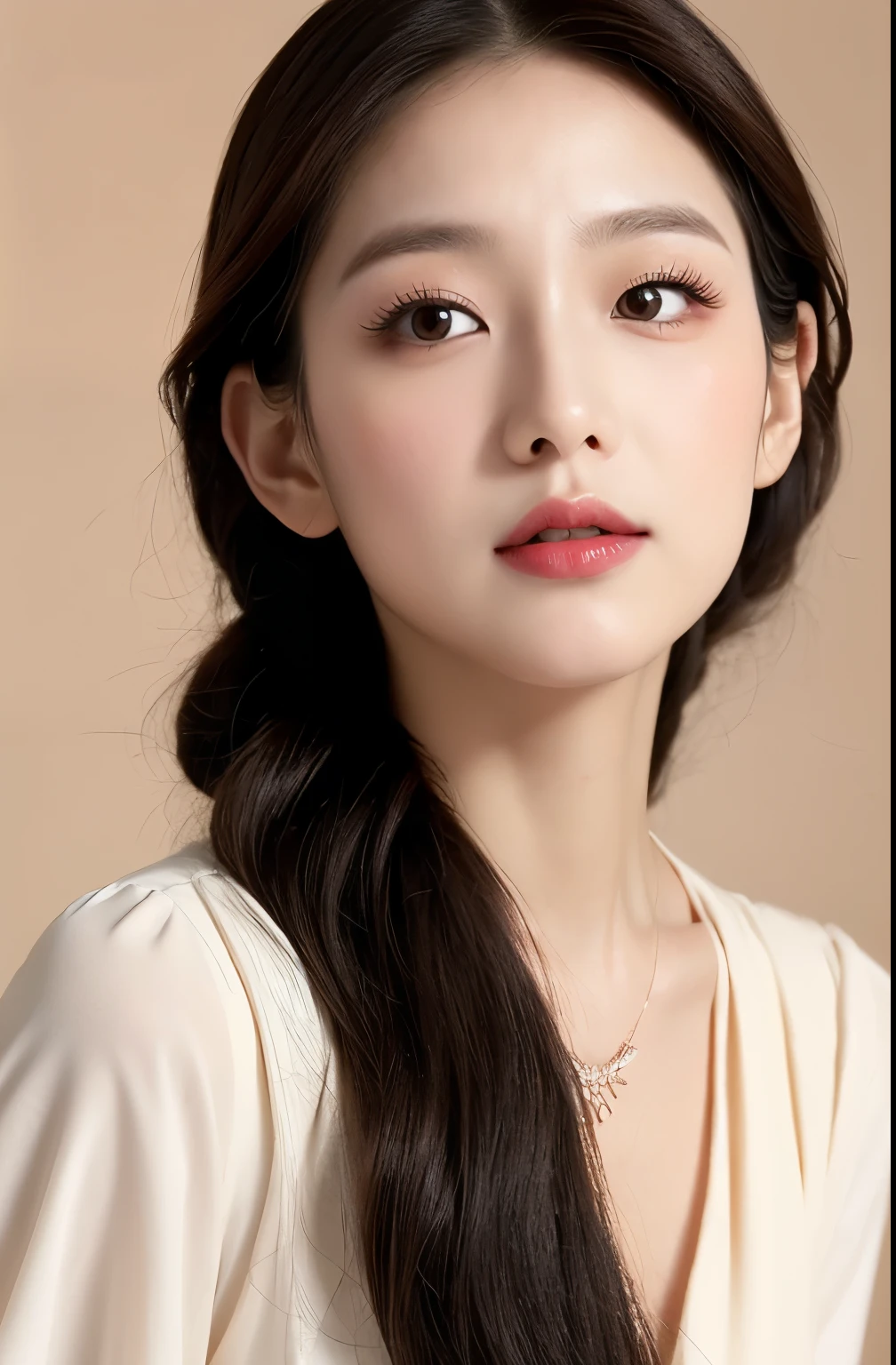 a close up of a woman with a necklace on her neck, wan adorable korean face, korean face features, beautiful aesthetic face, with cute doting eyes, popular south korean makeup, young adorable korean face, lovely delicate face, young cute wan asian face, with round face, CG unity (extreme) detail 8k wallpaper, masterpiece, best quality:1.2), High detail, Best image quality, surreal, lipsticks, Peerless beauty, long hair (violet) curly hair, Exquisite and perfect facial features, Be red in the face, body stunning figure, medium breasts, stylish, slim waist, very detailed facial and skin structure, Fair skin, harmonious facial details, fair skin, Double eyelids, a ponytail and a white dress, cute round slanted eyes, cute natural face, round and well-drawn eyes, clear cute face, realistic beautiful big eyes, glittery eyes, soulful eyes, pretty eyes, Double eyelids, soft makeup, Get close to the viewer, camera angle, dynamic angle, sunset on city