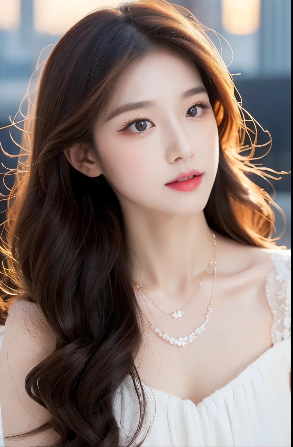 a close up of a woman with a necklace on her neck, wan adorable korean face, korean face features, beautiful aesthetic face, with cute doting eyes, popular south korean makeup, young adorable korean face, lovely delicate face, young cute wan asian face, with round face, CG unity (extreme) detail 8k wallpaper, masterpiece, best quality:1.2), High detail, Best image quality, surreal, lipsticks, Peerless beauty, long hair (violet) curly hair, Exquisite and perfect facial features, Be red in the face, body stunning figure, medium breasts, stylish, slim waist, very detailed facial and skin structure, Fair skin, harmonious facial details, fair skin, Double eyelids, a ponytail and a white dress, cute round slanted eyes, cute natural face, round and well-drawn eyes, clear cute face, realistic beautiful big eyes, glittery eyes, soulful eyes, pretty eyes, Double eyelids, soft makeup, Get close to the viewer, camera angle, dynamic angle, sunset on city