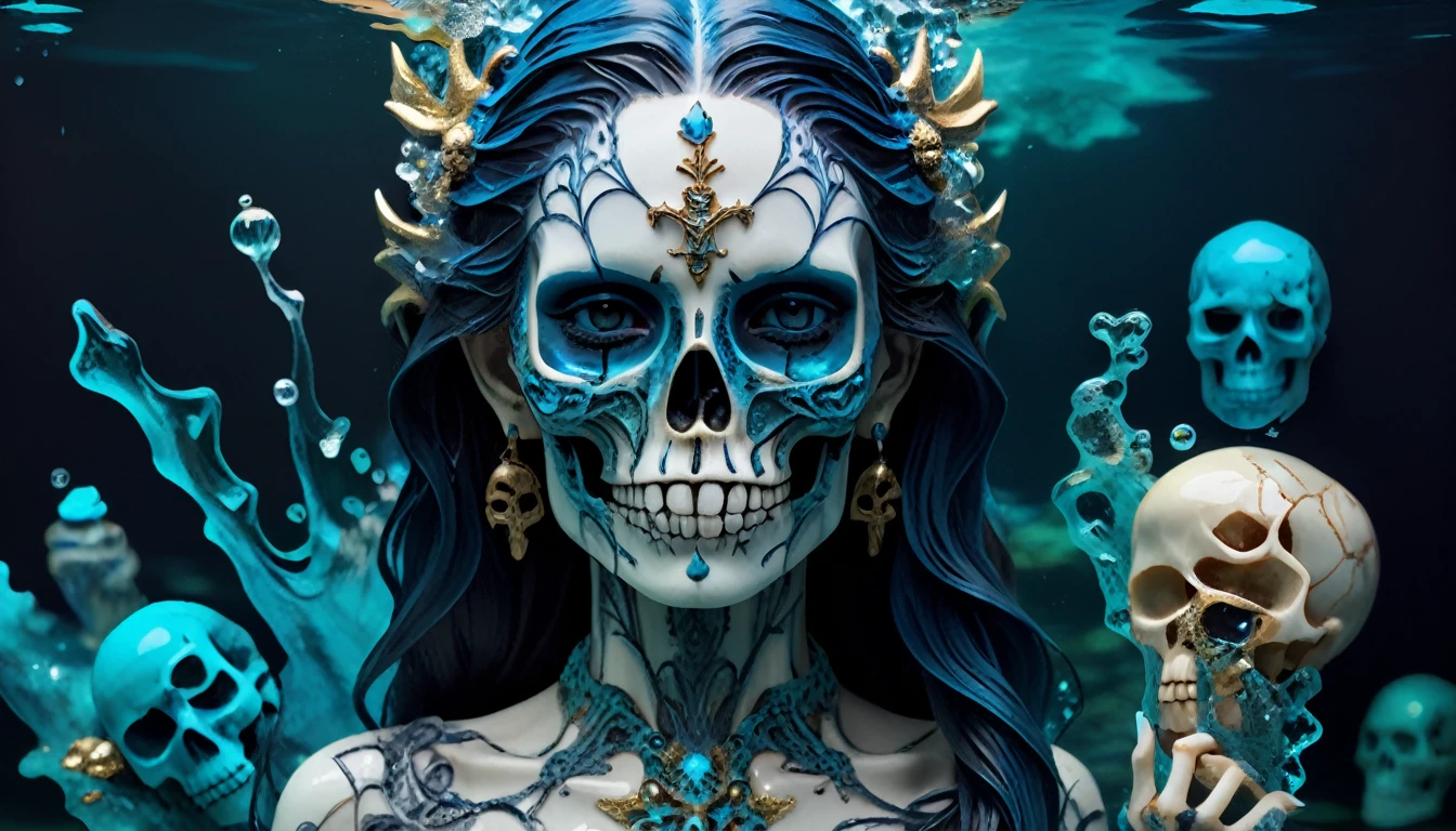 female upper body in mythical water, water surface, masterpiece, perfect face, intricate details, horror theme, epoxy_skull 