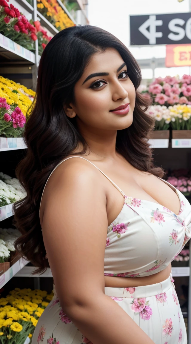 srabanti chatterjee Indian beautiful actress curvy plus size hour glass bulky figure woman, closeup camera view, wearing Tween Girl Ditsy Floral Print Ruched Bust Cami Top, different style hairstyle, bright eyes, thin eyebrows, fair skin, blushing cheeks, prefect head to toe view, full body view, Flower Market: A bustling market filled with colorful blooms, vendors, and fragrant scents. smile face, black hair, Indian face, perfect skin tone light, ultra realistic skin texture