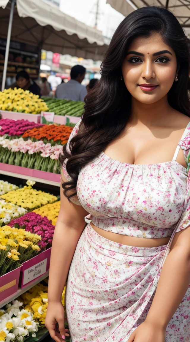 srabanti chatterjee Indian beautiful actress curvy plus size hour glass bulky figure woman, closeup camera view, wearing Tween Girl Ditsy Floral Print Ruched Bust Cami Top, different style hairstyle, bright eyes, thin eyebrows, fair skin, blushing cheeks, prefect head to toe view, full body view, Flower Market: A bustling market filled with colorful blooms, vendors, and fragrant scents. smile face, black hair, Indian face, perfect skin tone light, ultra realistic skin texture