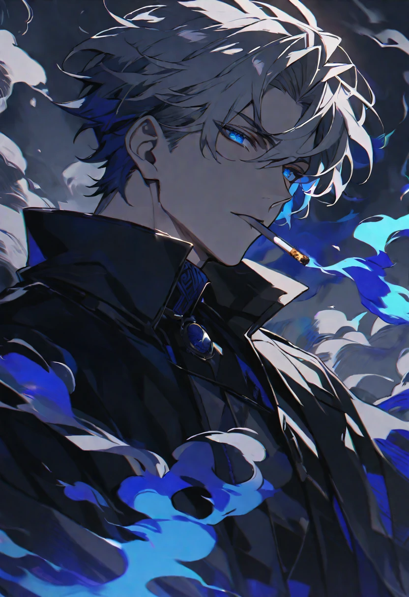 solo, handsome, 1 male, short hair, gray hair, blue eyes, black light, black coat, smoke, smoking, blue fire