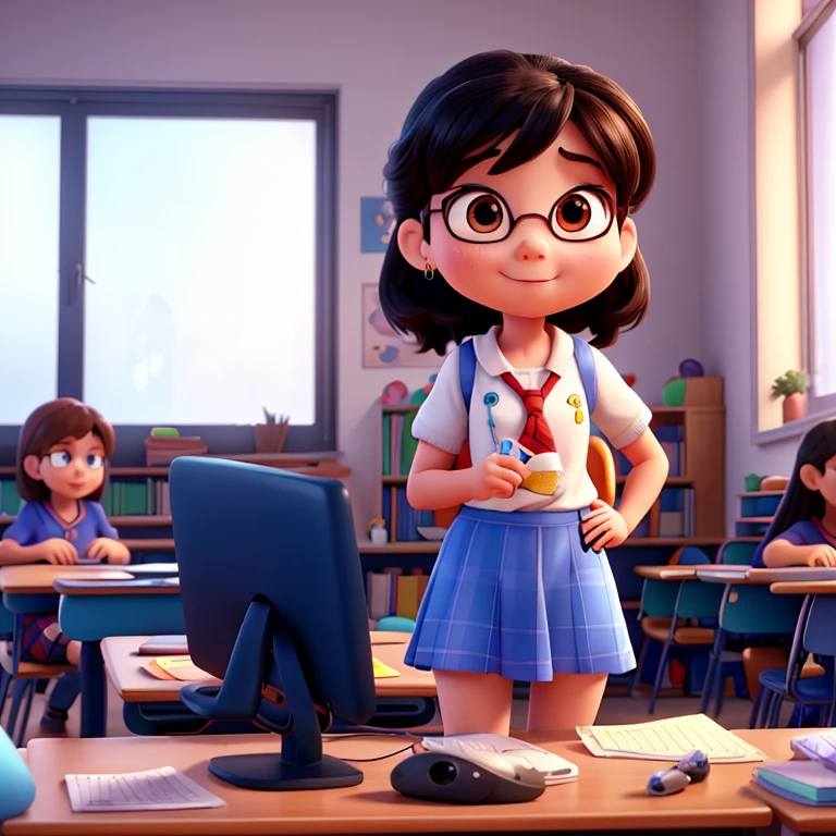 cartoon girl in a classroom with students in the background, animation style render, pixar cute character design, cute 3 d render, pixar renderman render, cute pixar character, animation character, atey ghailan 8 k, cute character, cute cartoon character, as a pixar character, animation illustrative style, a hyperrealistic , render in pixar, shows a picture on her computer screen